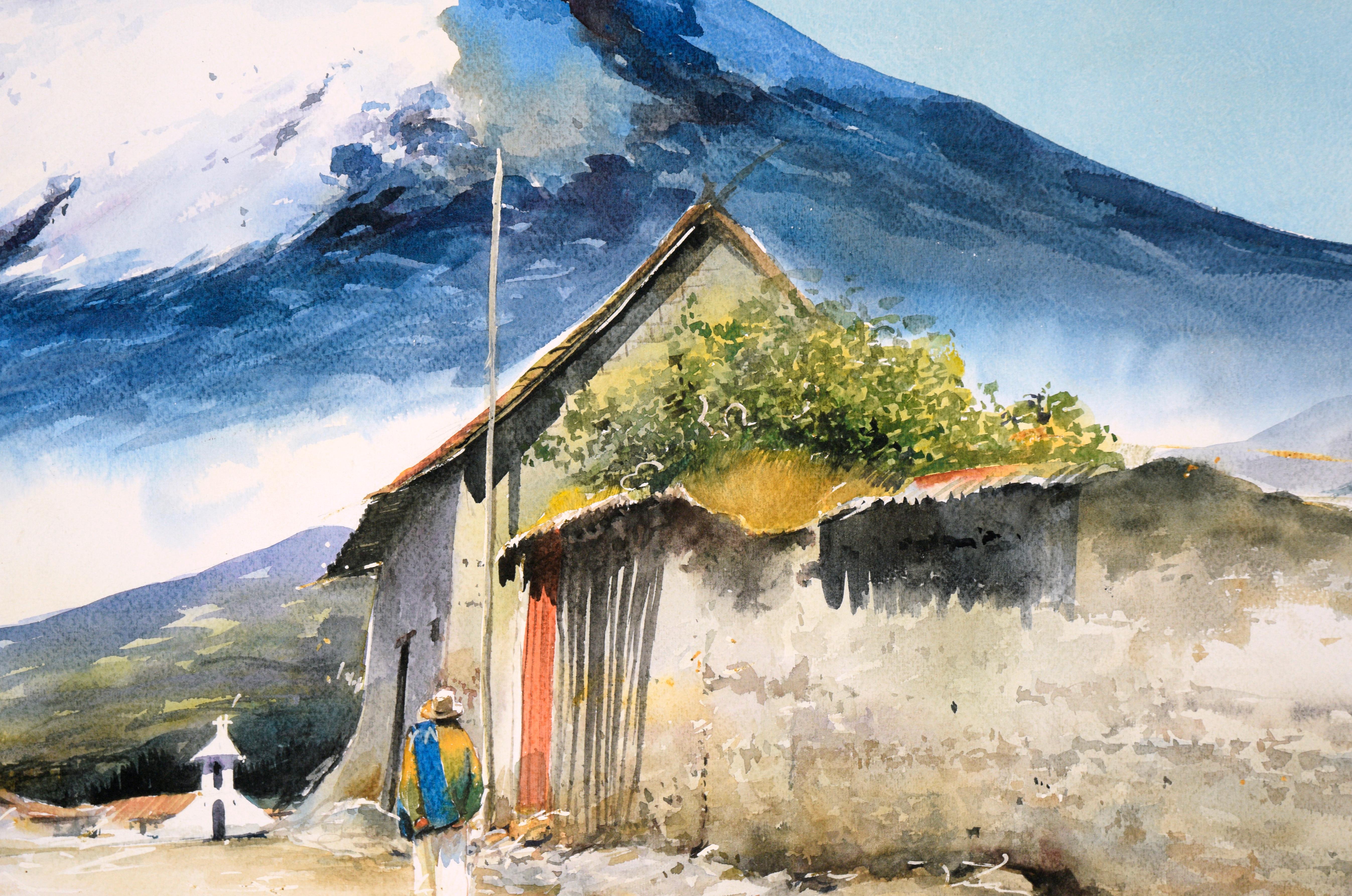 Village at the Base of the Andes Mountains - Watercolor Landscape on Paper - Beige Landscape Painting by Erazo