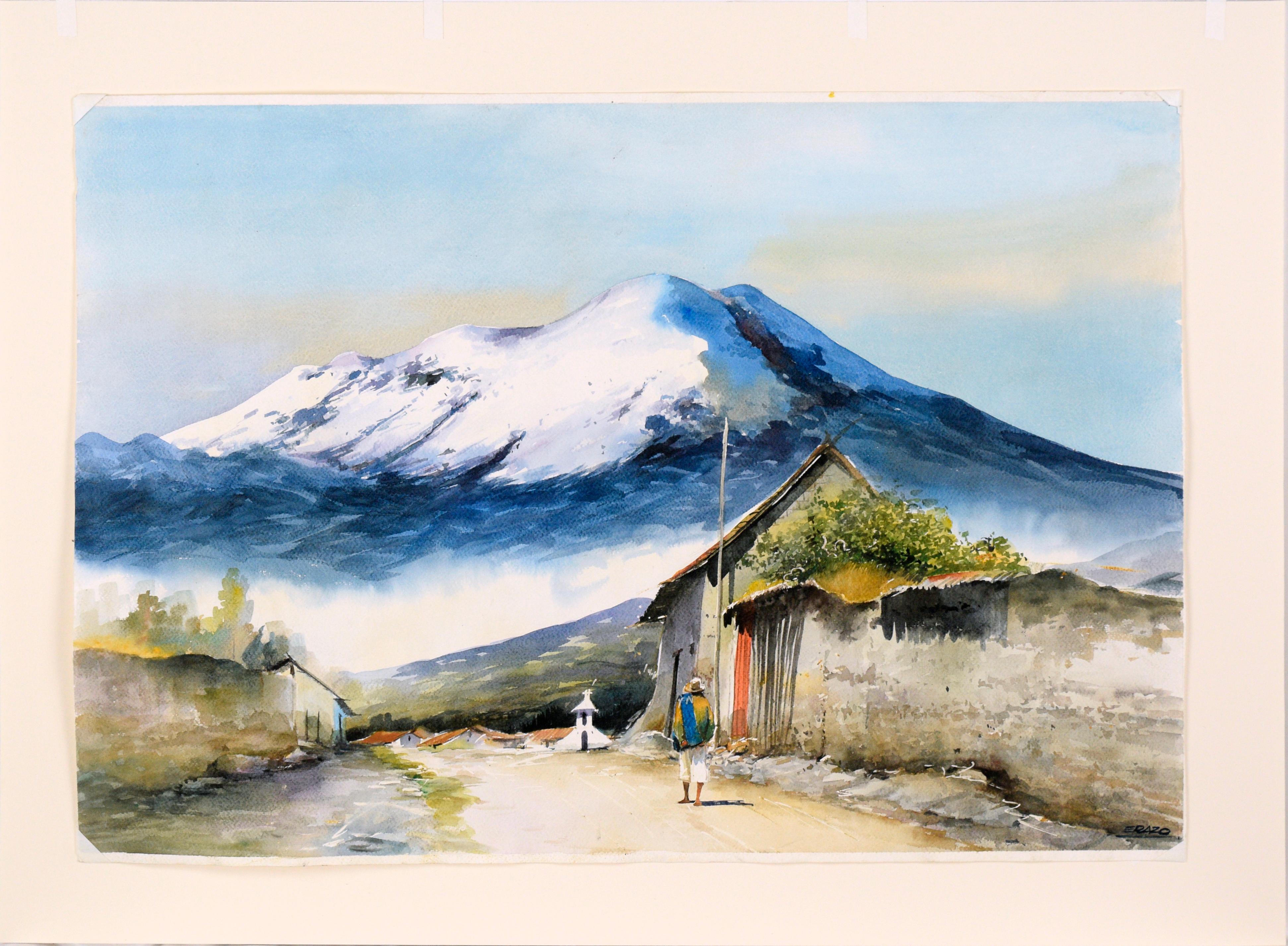 Village at the Base of the Andes Mountains - Watercolor Landscape on Paper For Sale 1