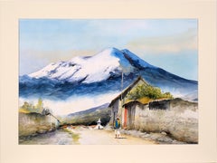 Vintage Village at the Base of the Andes Mountains - Watercolor Landscape on Paper