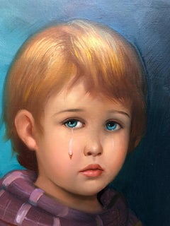 1970s Big Eyed Waif Sad Child with Scarf Oil Painting