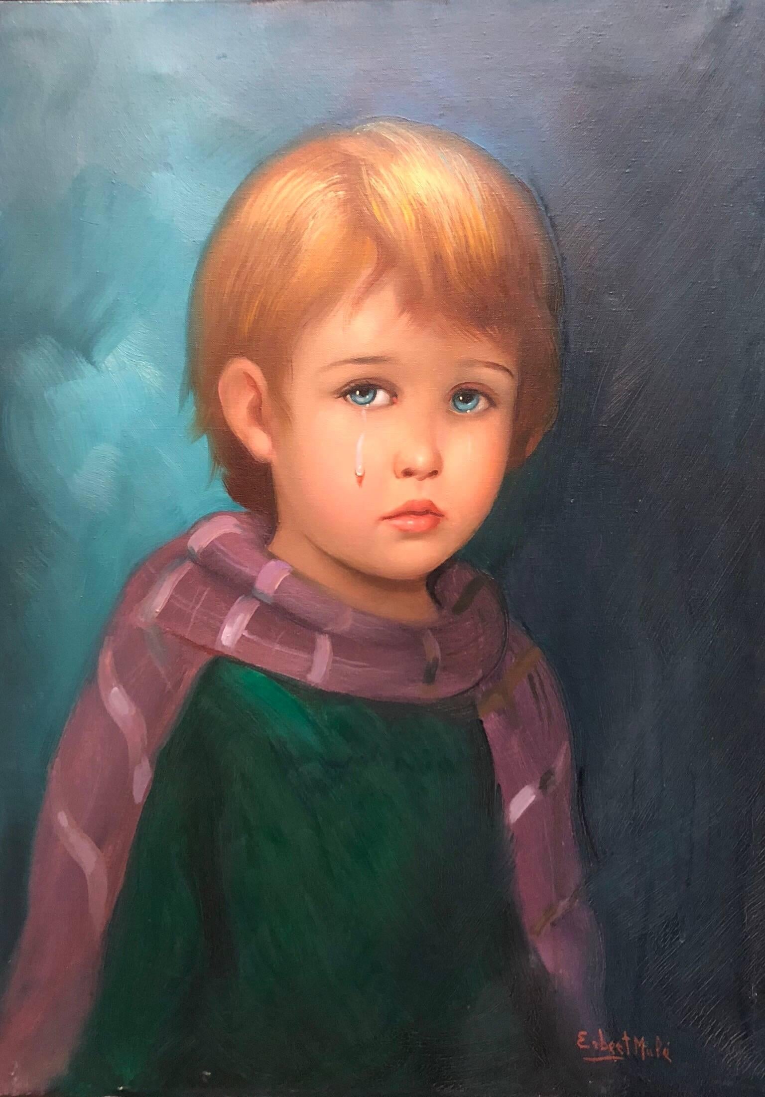 1970s Italian (based on the inscription, the artist's name sounds German or Austrian) big eyed waif crying little boy painting. from the era of Jean Calogero, Barry leighton jones and Margaret Keane.
