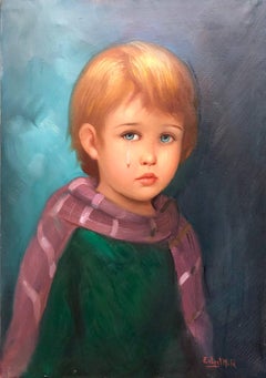 Vintage 1970s Big Eyed Waif Sad Child with Scarf Oil Painting