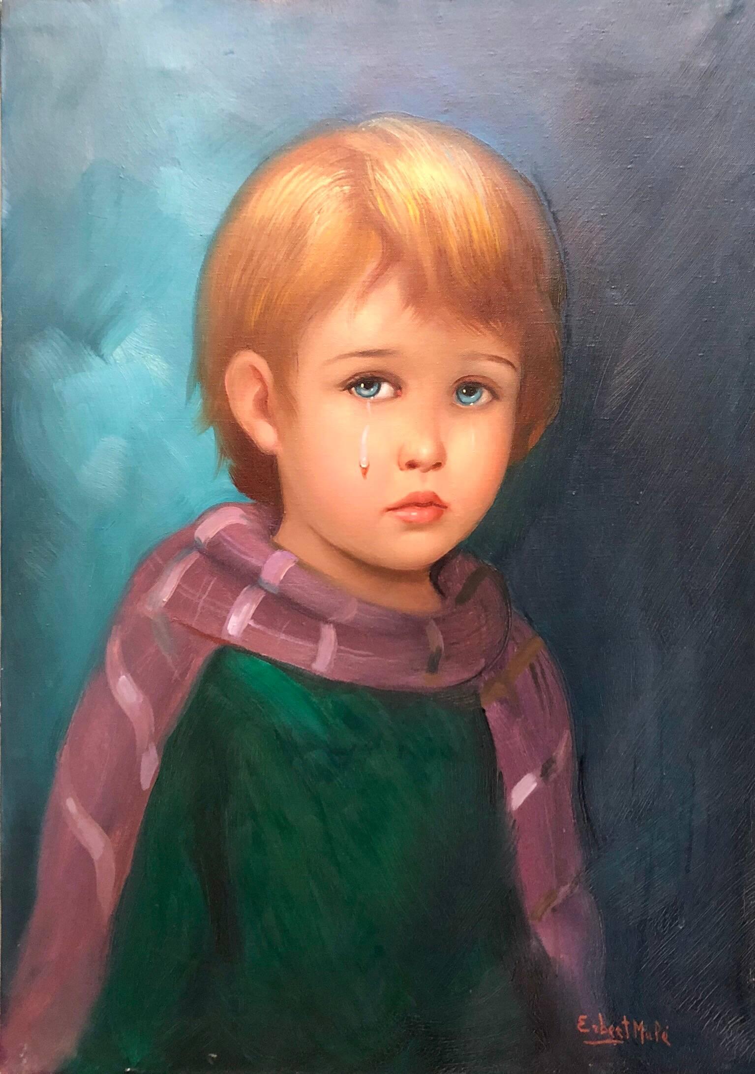 Erbert Mule Portrait Painting - 1970s Big Eyed Waif Sad Child with Scarf Oil Painting