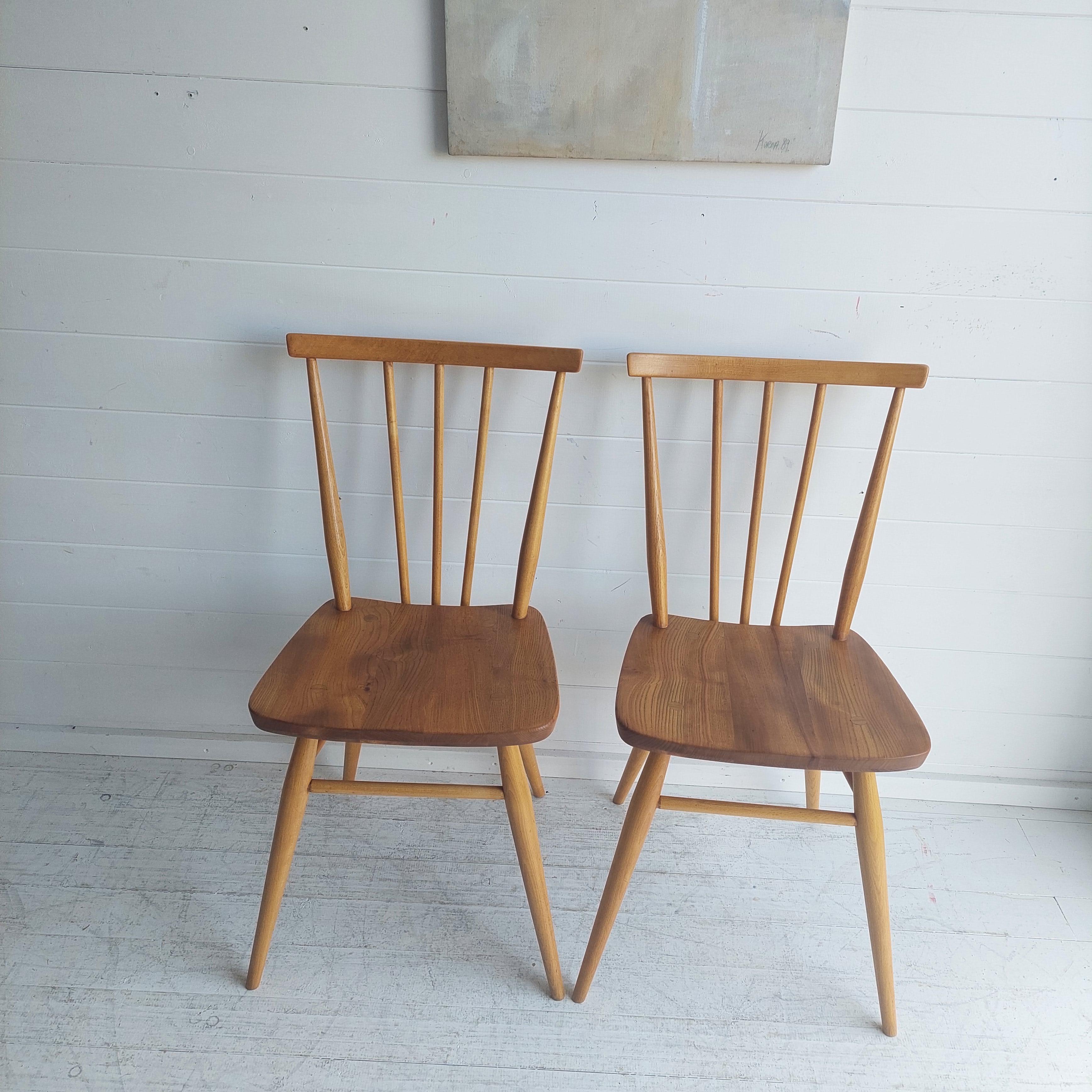 Mid-Century Modern Ercol Dining Chairs Blonde Elm & Beech Model 391 Set Of 2 Re