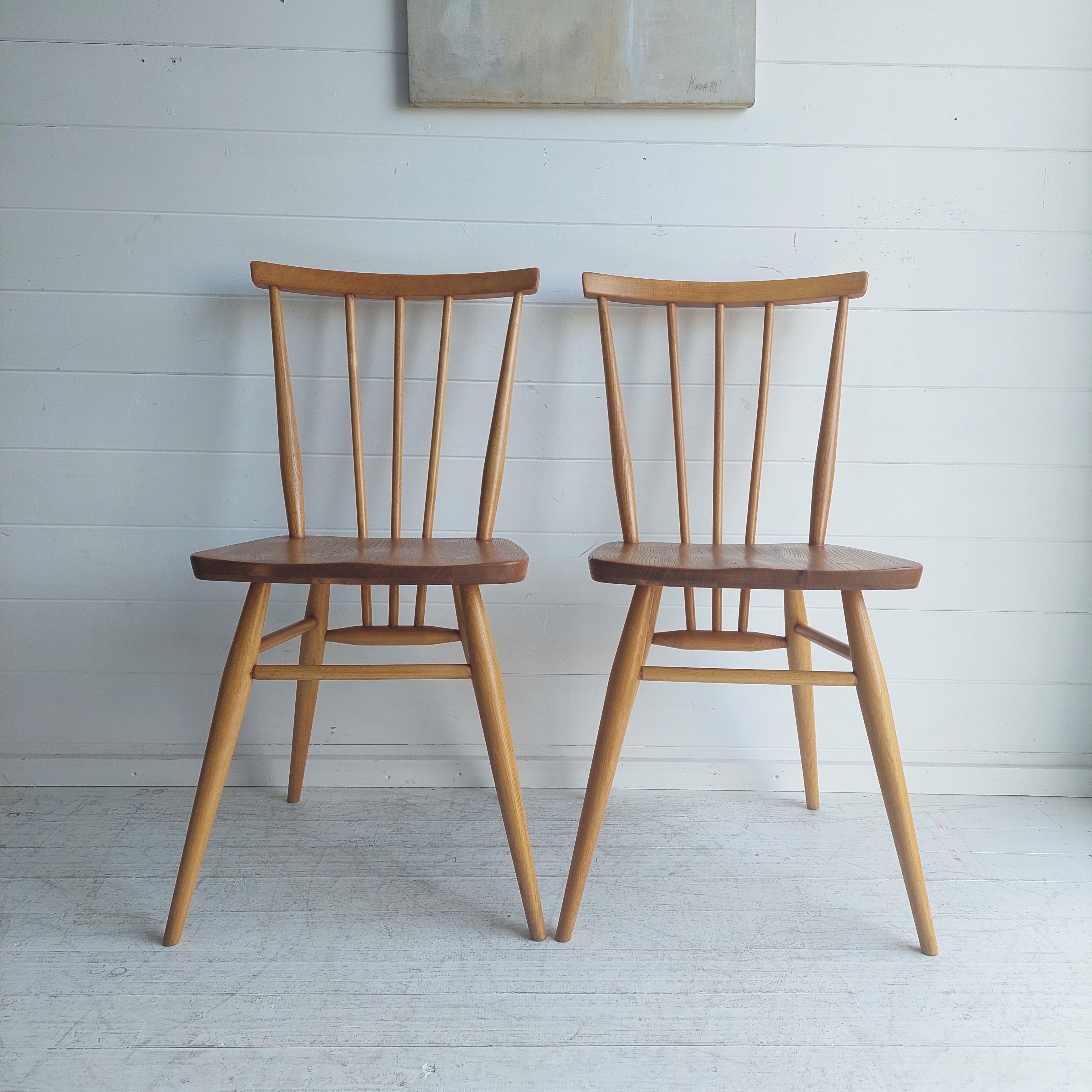 British Ercol Dining Chairs Blonde Elm & Beech Model 391 Set Of 2 Re