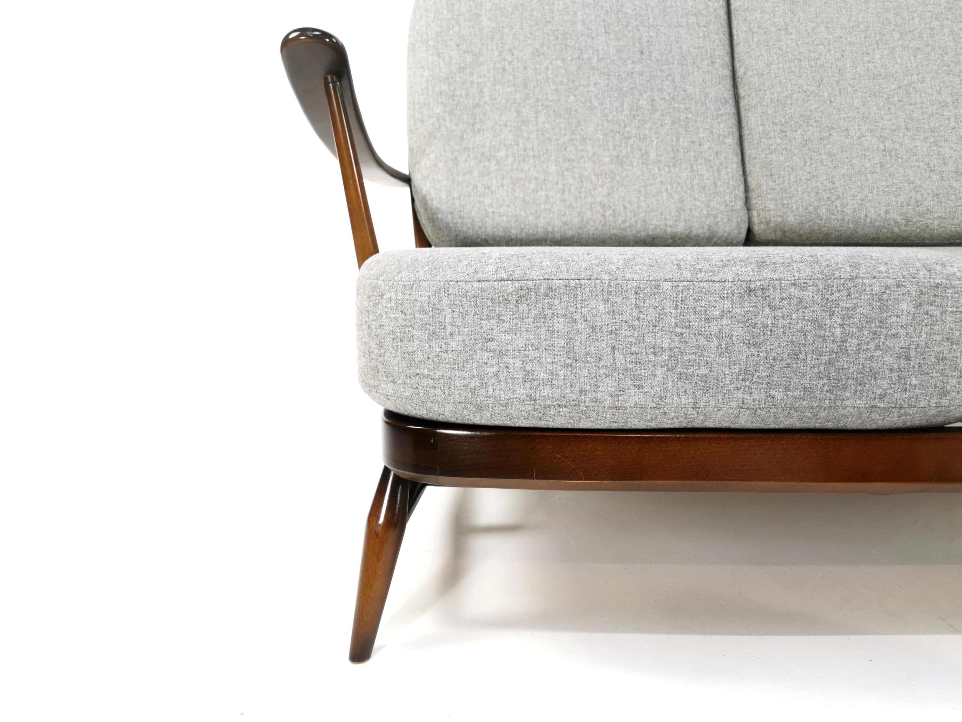 British Ercol Soft Grey Herringbone 3-Seat Sofa Couch Vintage Midcentury
