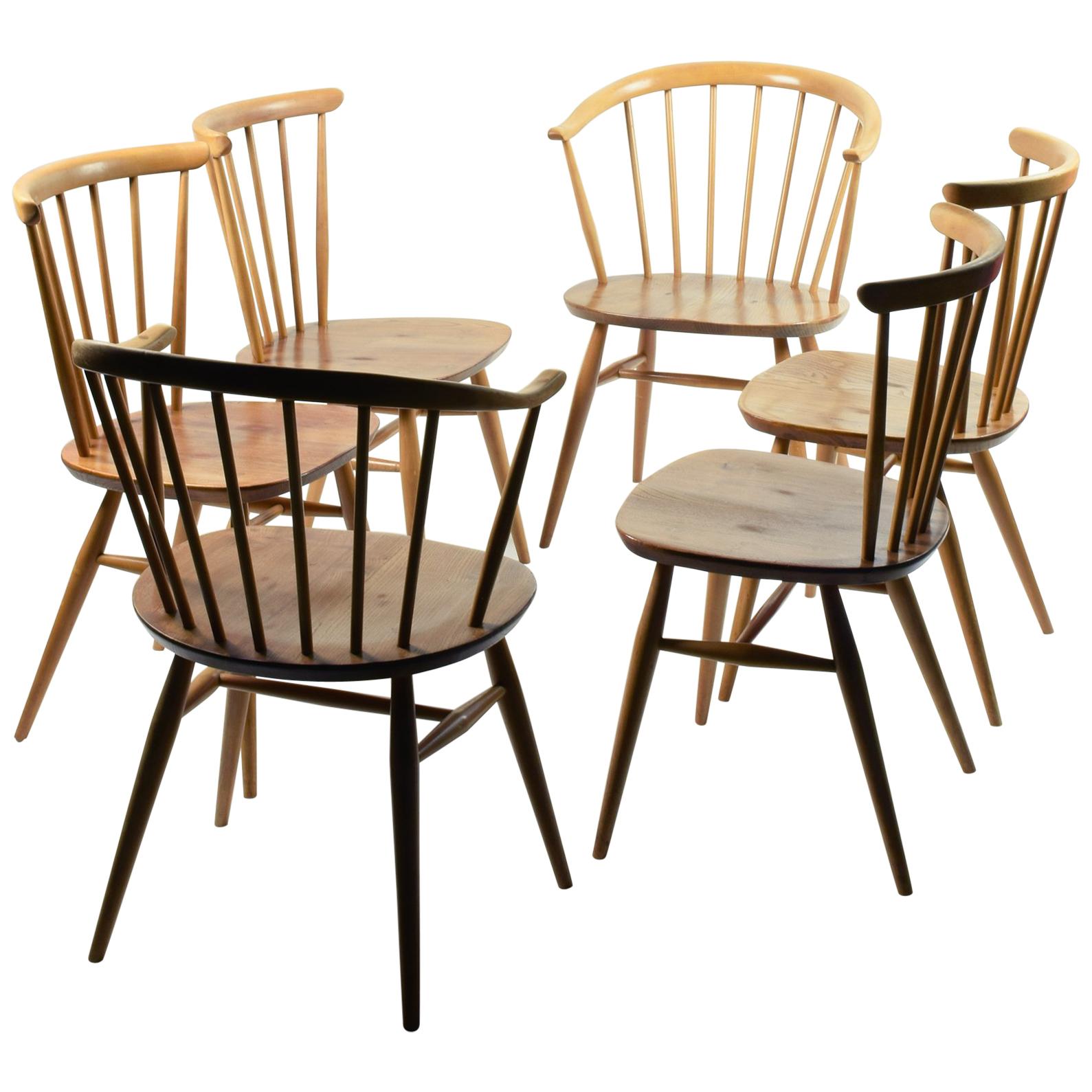 Ercol 'Windsor' Dining Chair set of six, Model 449 and 449A 'Cowhorn'