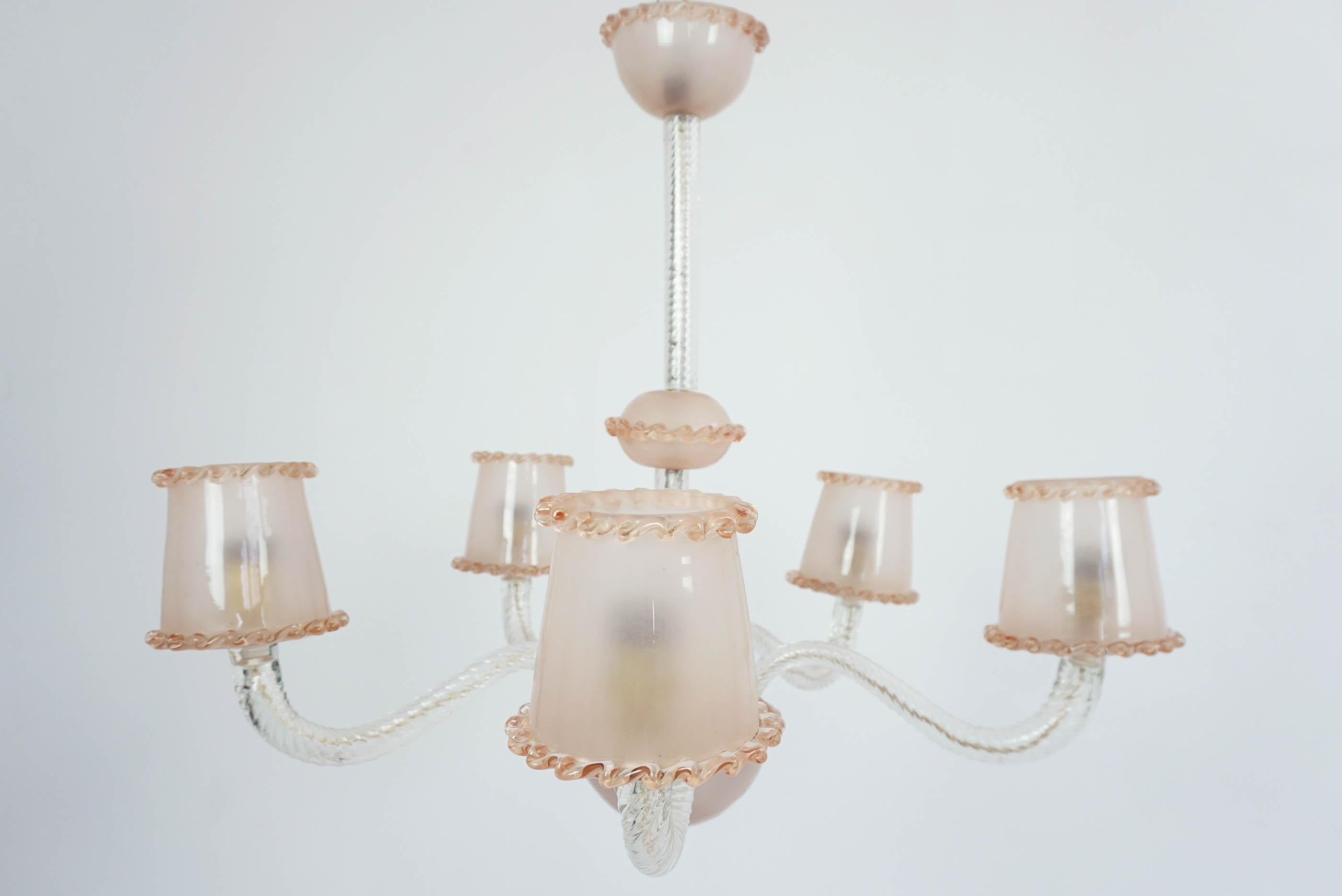 Mid-Century Modern Ercole Barovier 1940 Pale Rose Massive Murano Glass 5 Arms Chandelier For Sale