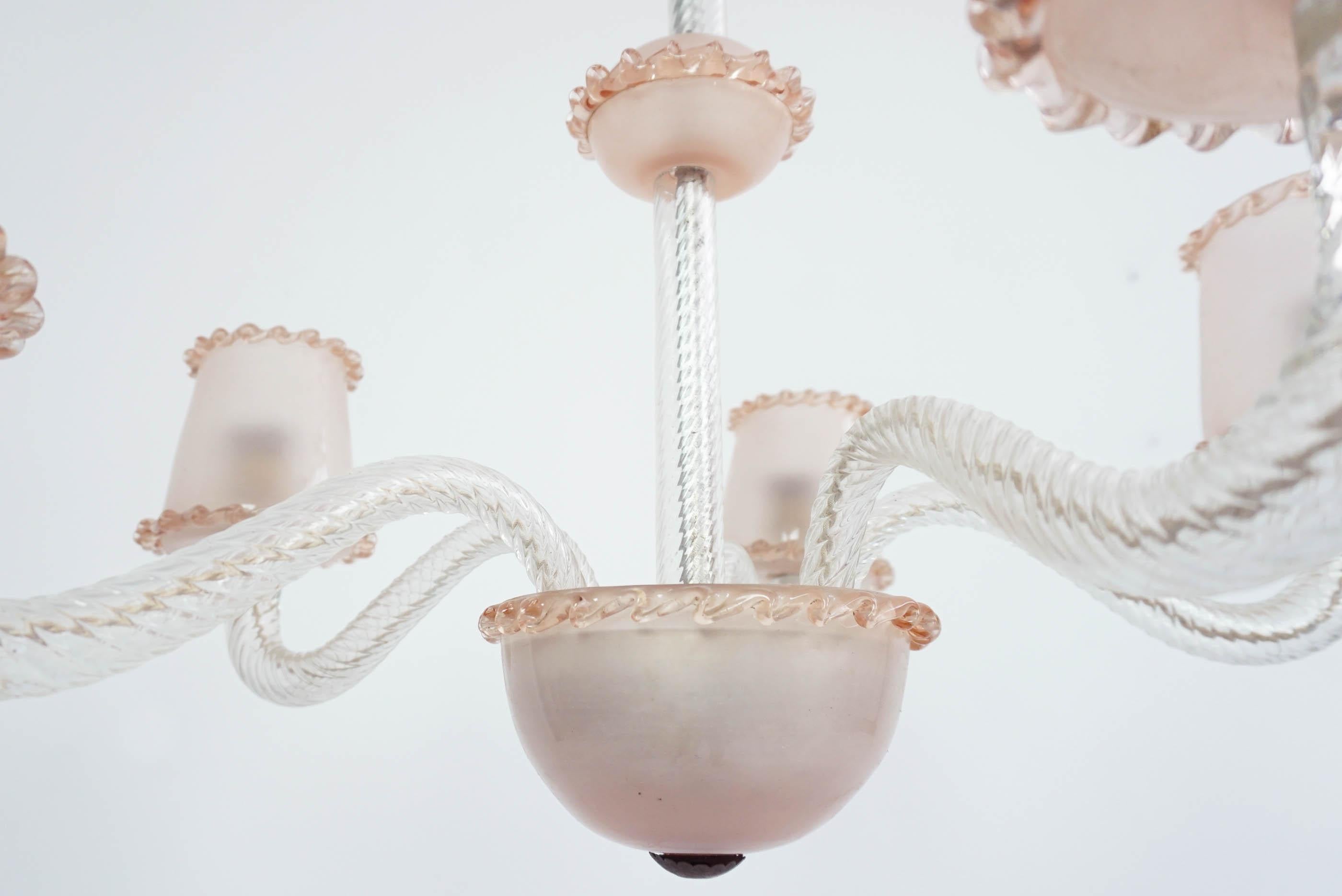 Mid-20th Century Ercole Barovier 1940 Pale Rose Massive Murano Glass 5 Arms Chandelier For Sale