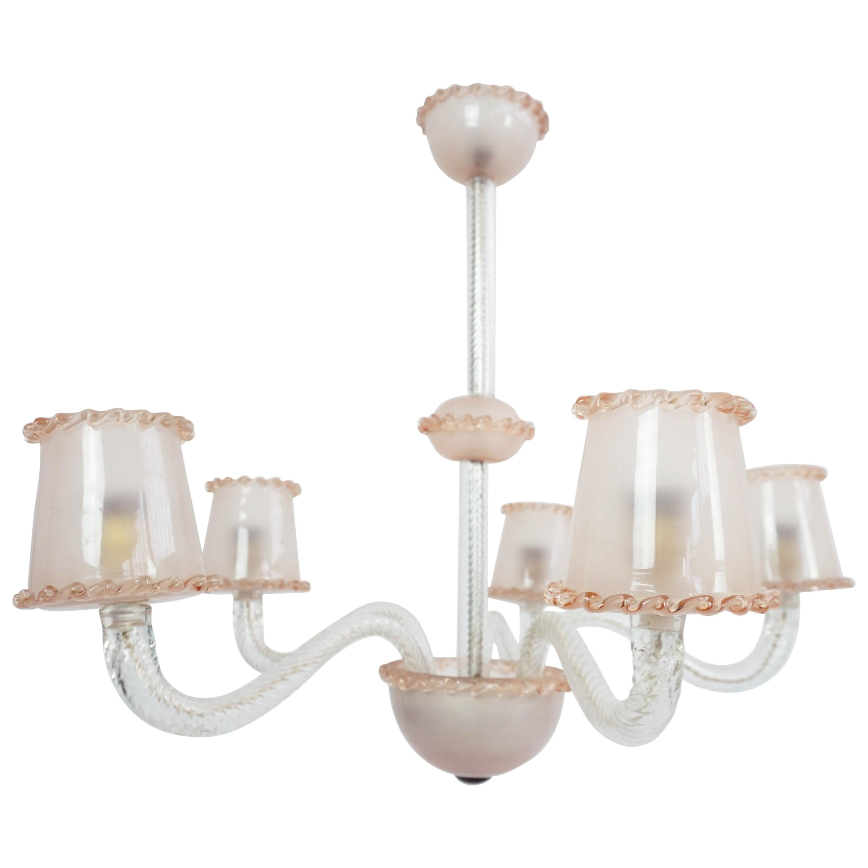 Ercole Barovier 1940 Pale Rose Massive Murano Glass 5 Arms Chandelier For Sale
