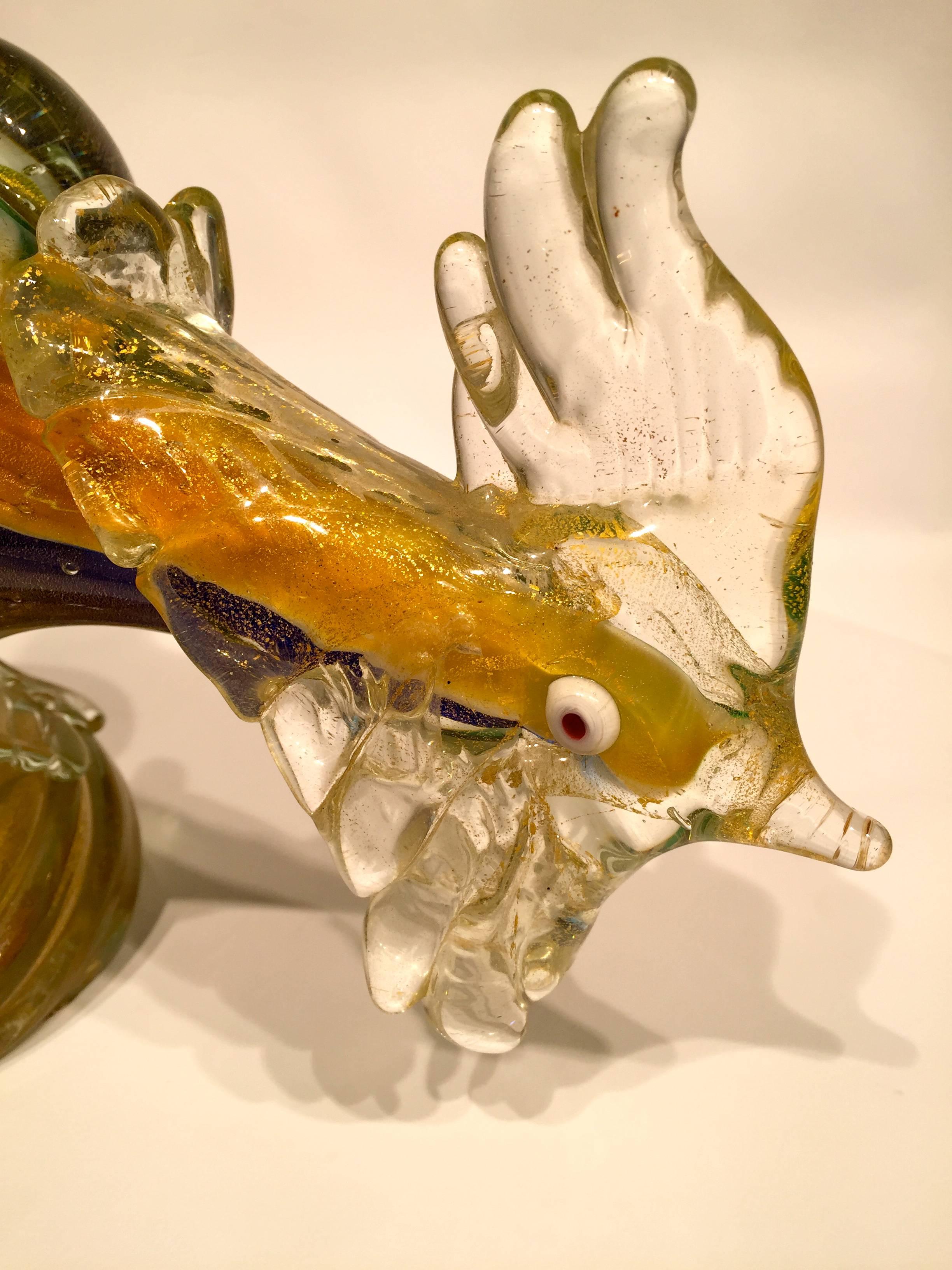 Ercole Barovier 1950 multi-color cock in Murano glass with gold leaf.