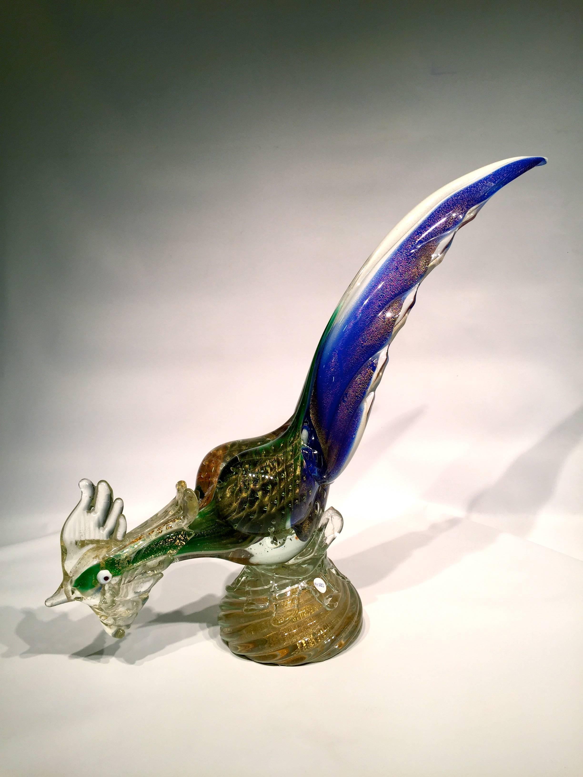 Mid-Century Modern Ercole Barovier 1950 Multi-Color Cock in Murano Glass with Gold Leaf For Sale