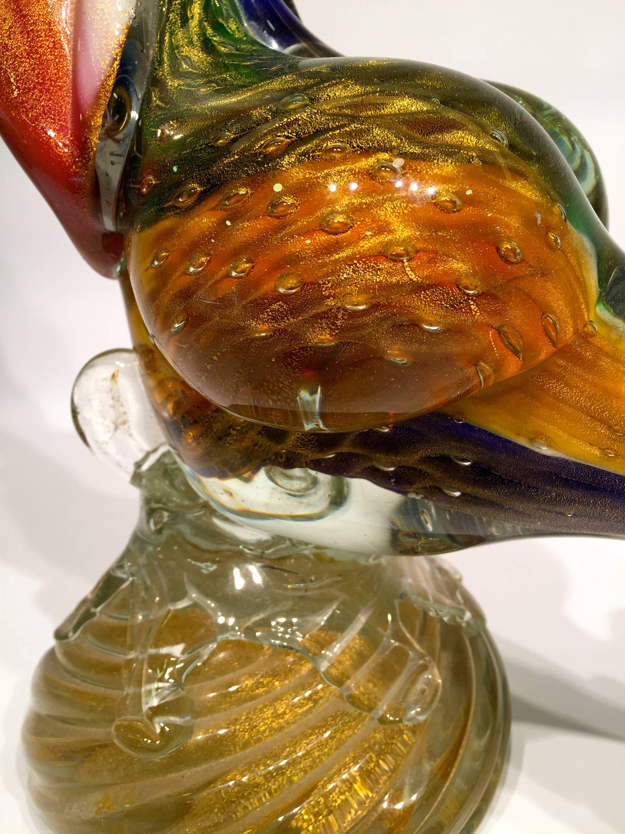 Italian Ercole Barovier 1950 Multi-Color Cock in Murano Glass with Gold Leaf For Sale