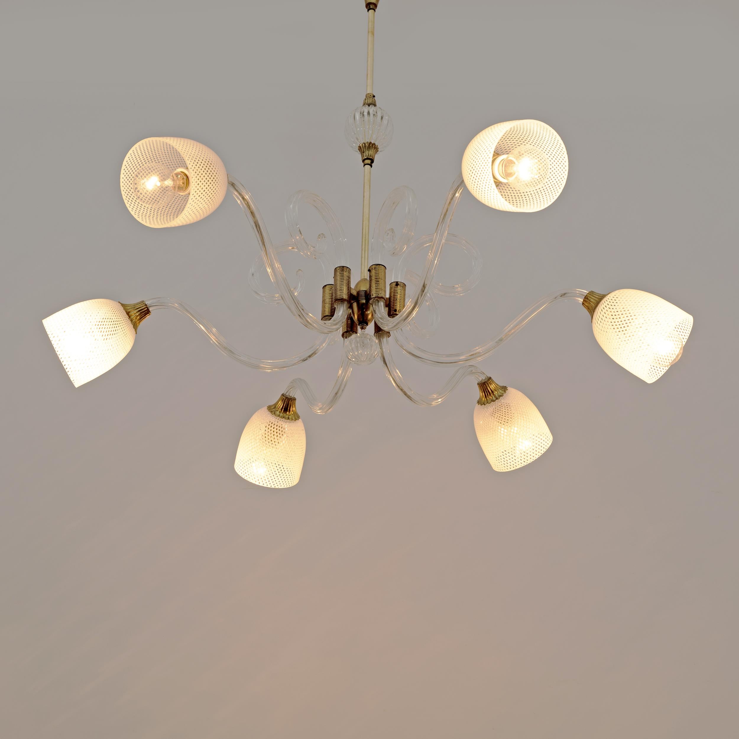 Art Deco Ercole Barovier Art Dèco Italian Murano Glass and Brass Chandelier, 1935s For Sale
