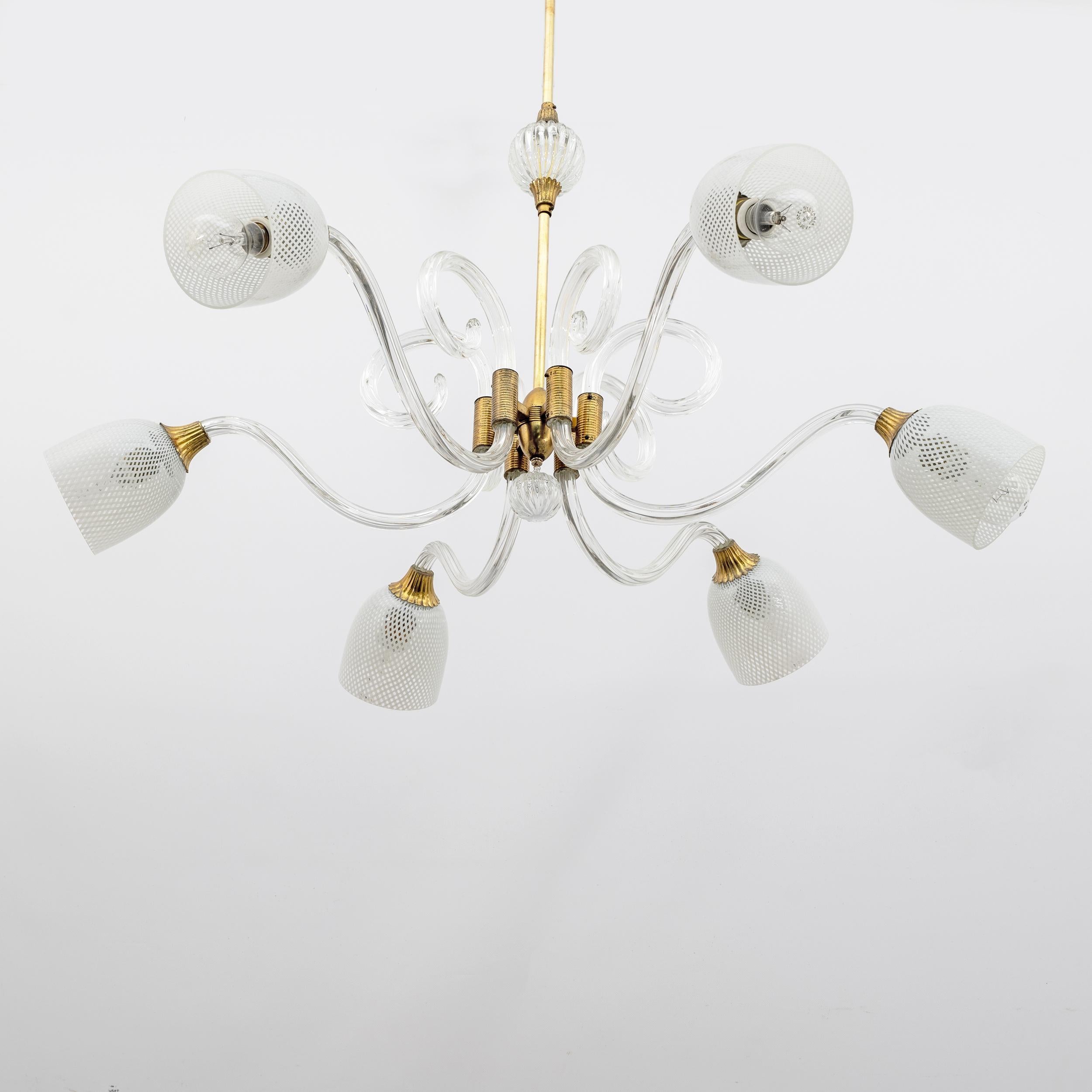 Ercole Barovier Art Dèco Italian Murano Glass and Brass Chandelier, 1935s In Good Condition For Sale In Puglia, Puglia