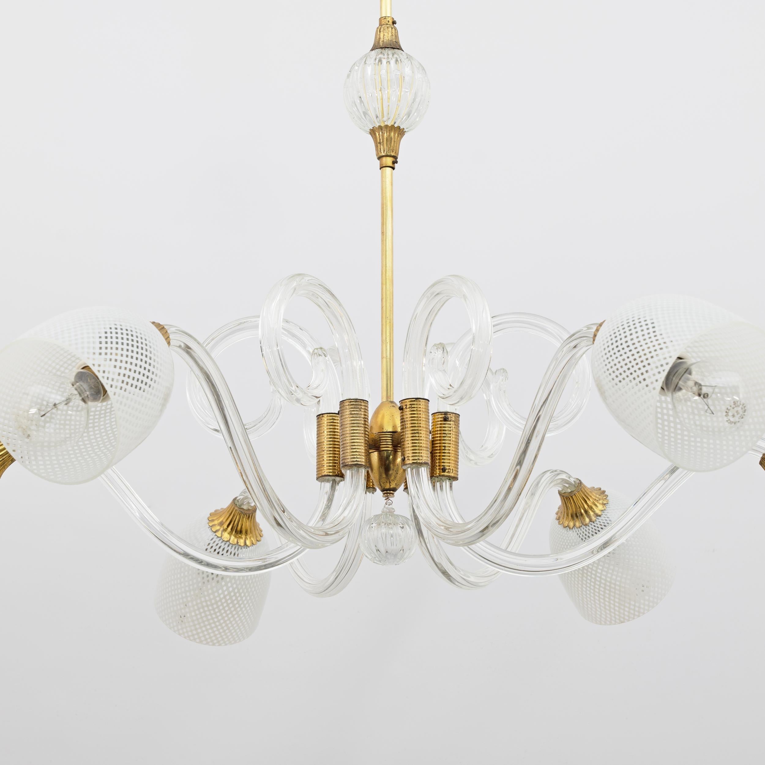 Mid-20th Century Ercole Barovier Art Dèco Italian Murano Glass and Brass Chandelier, 1935s For Sale