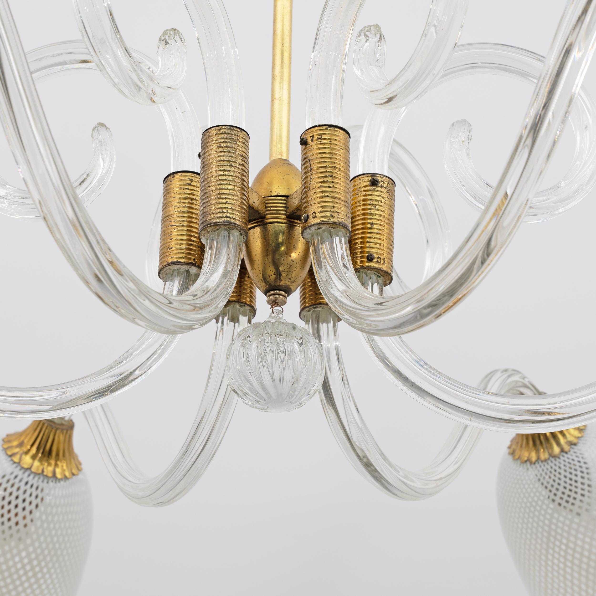 Ercole Barovier Art Dèco Italian Murano Glass and Brass Chandelier, 1935s For Sale 1