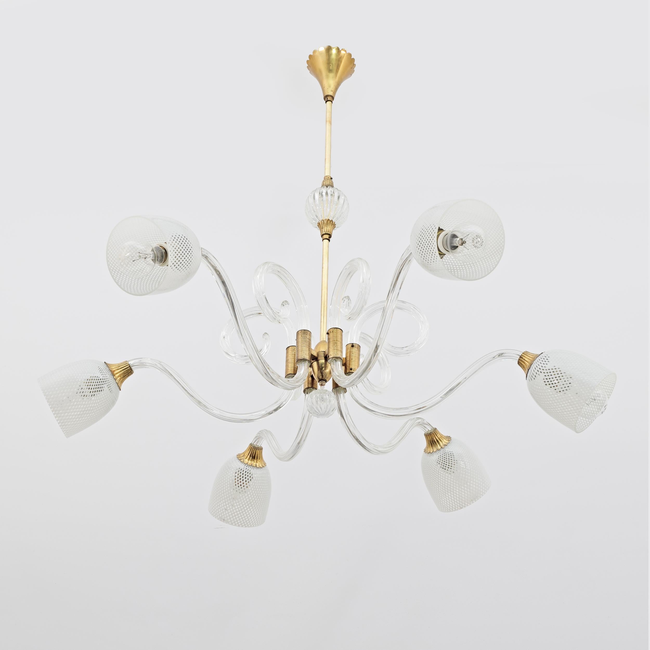 Ercole Barovier Art Dèco Italian Murano Glass and Brass Chandelier, 1935s For Sale 2