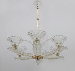 Ercole Barovier Art Dèco Italian Murano Glass and Brass Chandelier, 1935s