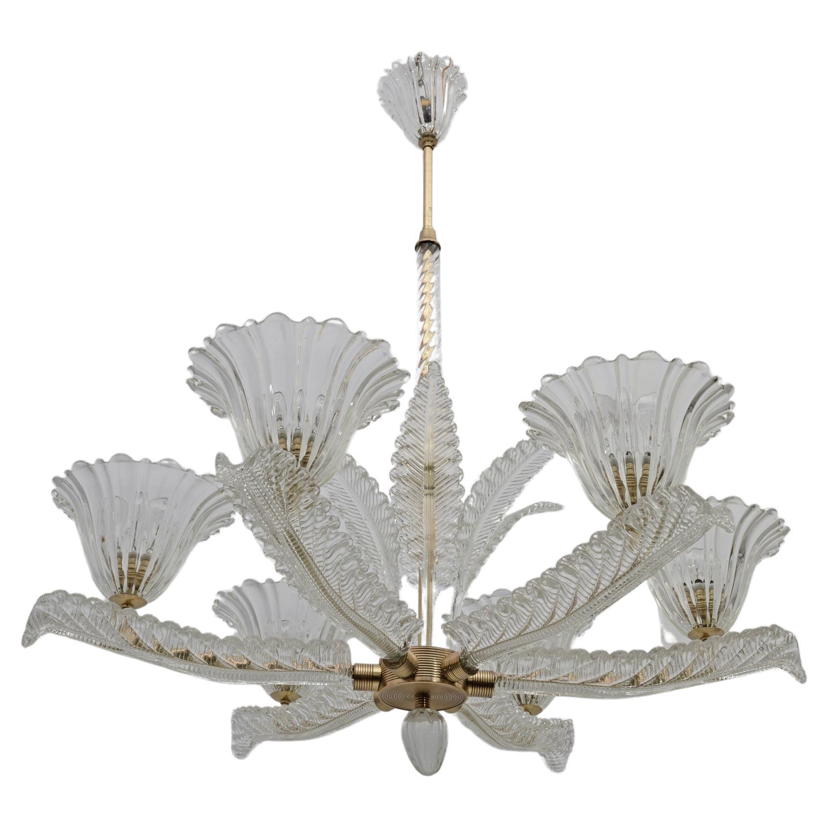 Ercole Barovier Art Dèco Italian Murano Glass and Brass Chandelier, 1935s For Sale