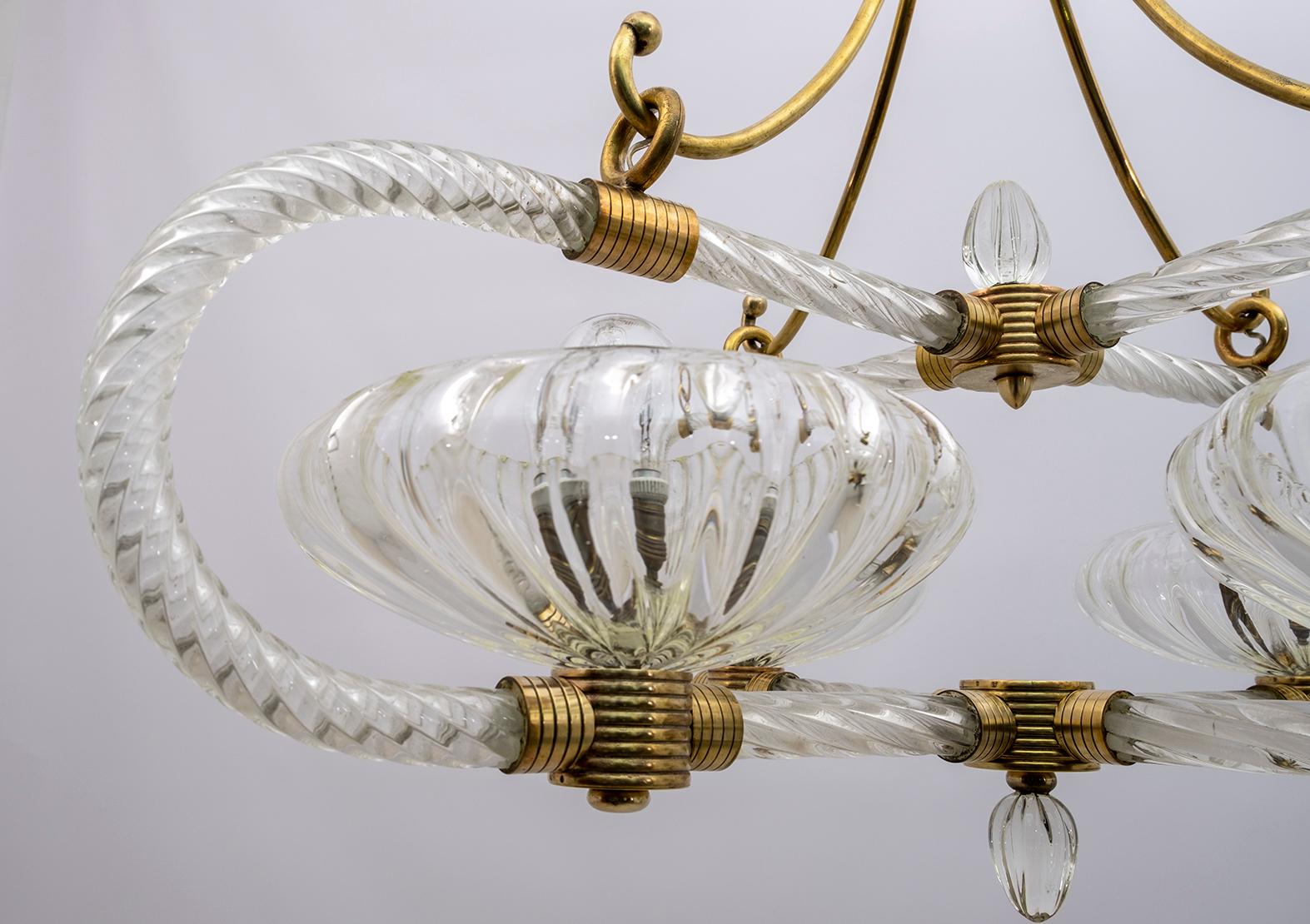 Ercole Barovier Art Deco Murano Glass and Brass Italian Chandelier, 1930s 4