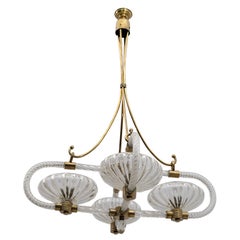 Ercole Barovier Art Deco Murano Glass and Brass Italian Chandelier, 1930s