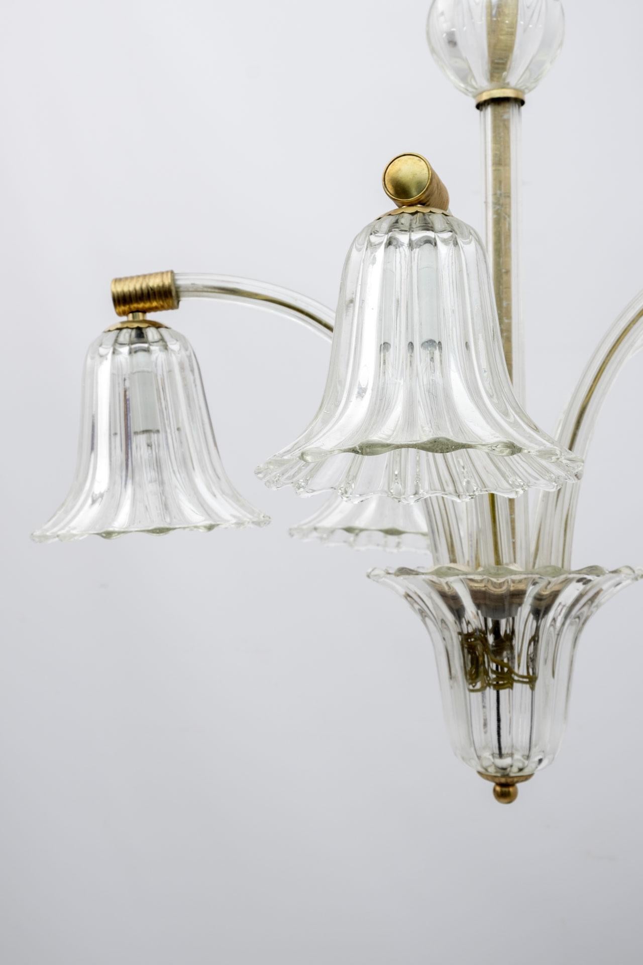 Ercole Barovier Art Deco Murano Glass and Brass Italian Chandelier, 1940s For Sale 3