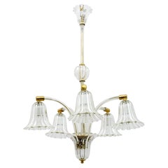 Vintage Ercole Barovier Art Deco Murano Glass and Brass Italian Chandelier, 1940s