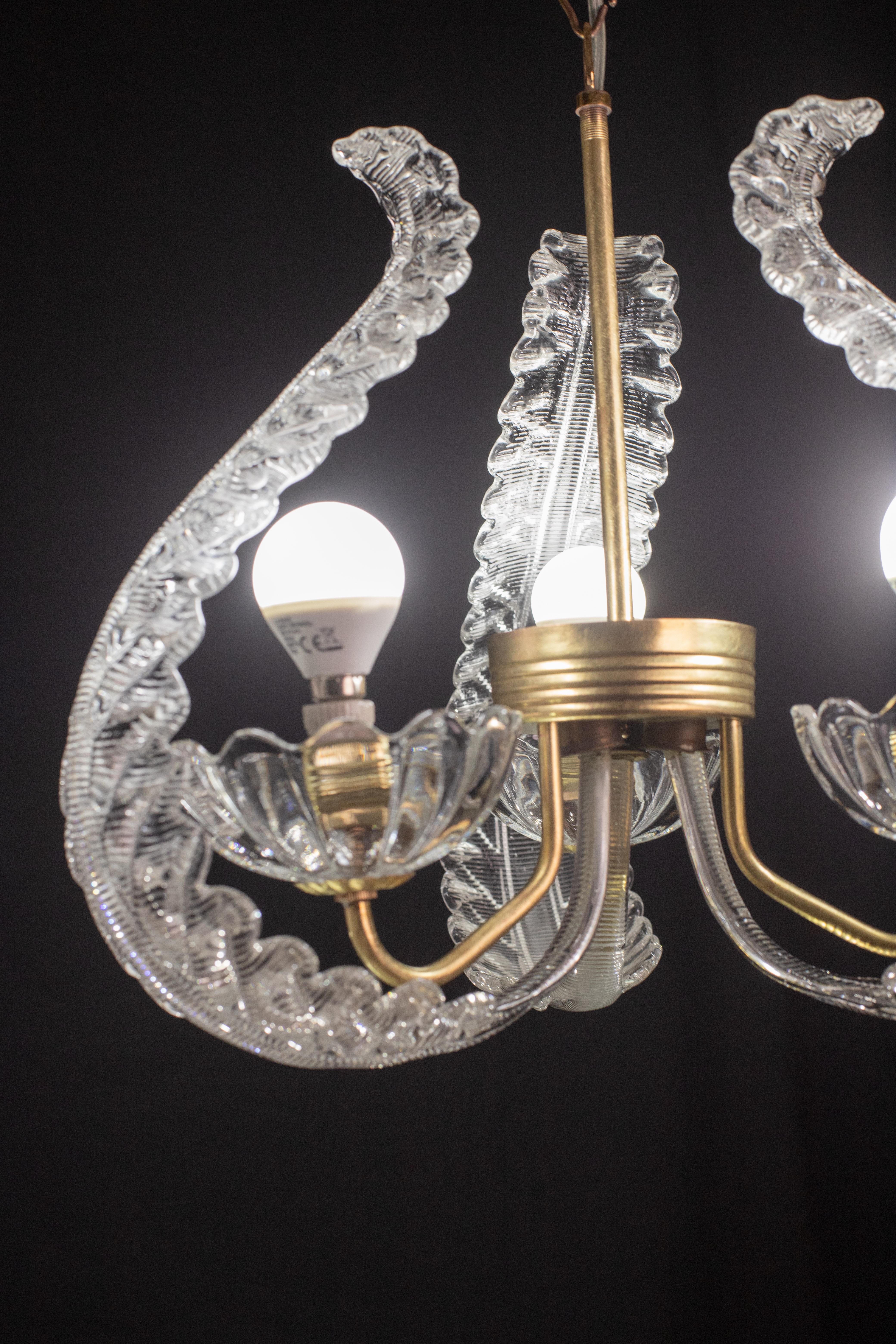 Murano Glass Ercole Barovier, Art Decò, Three lights pendant, 1940s For Sale