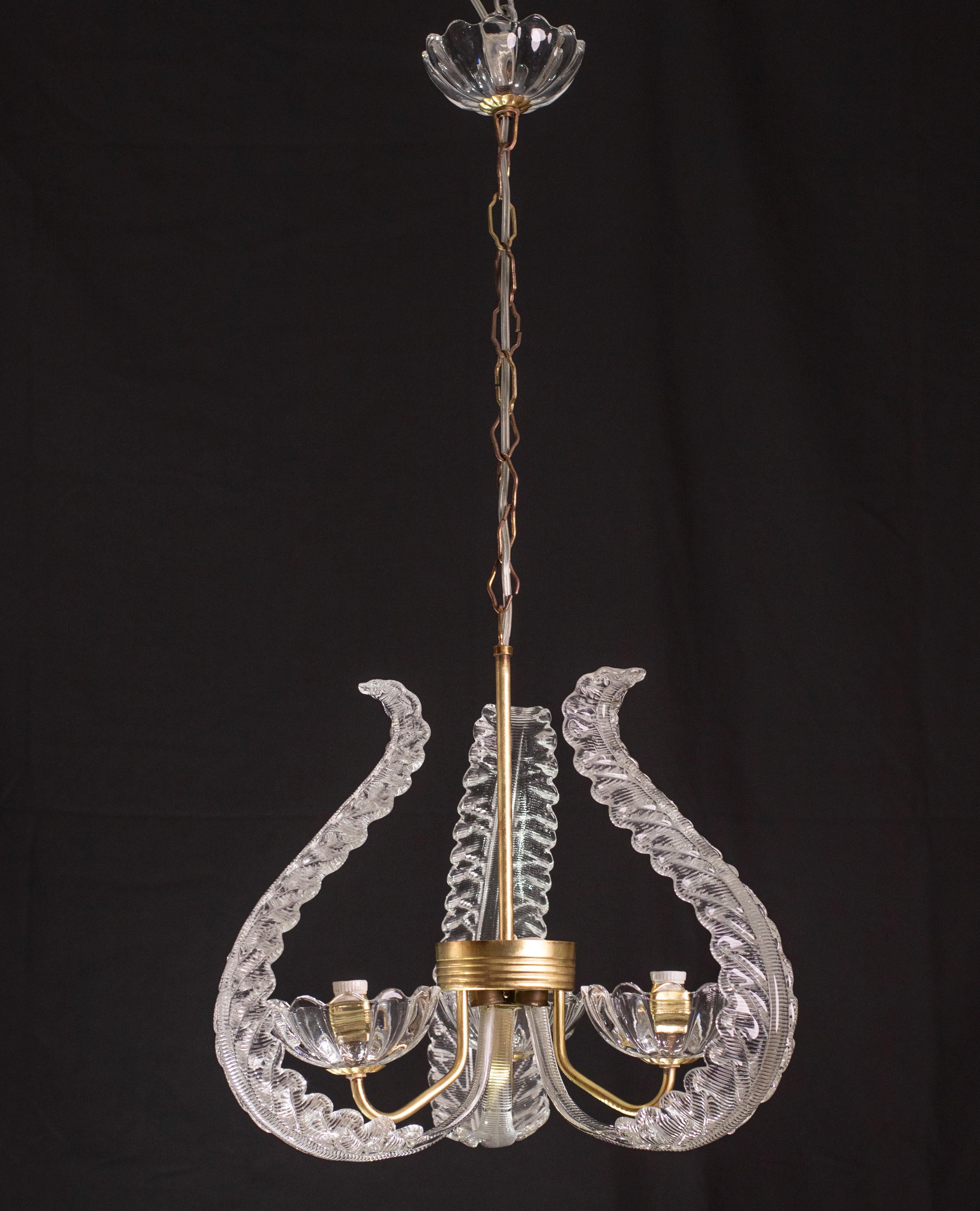 Ercole Barovier, Art Decò, Three lights pendant, 1940s For Sale 3