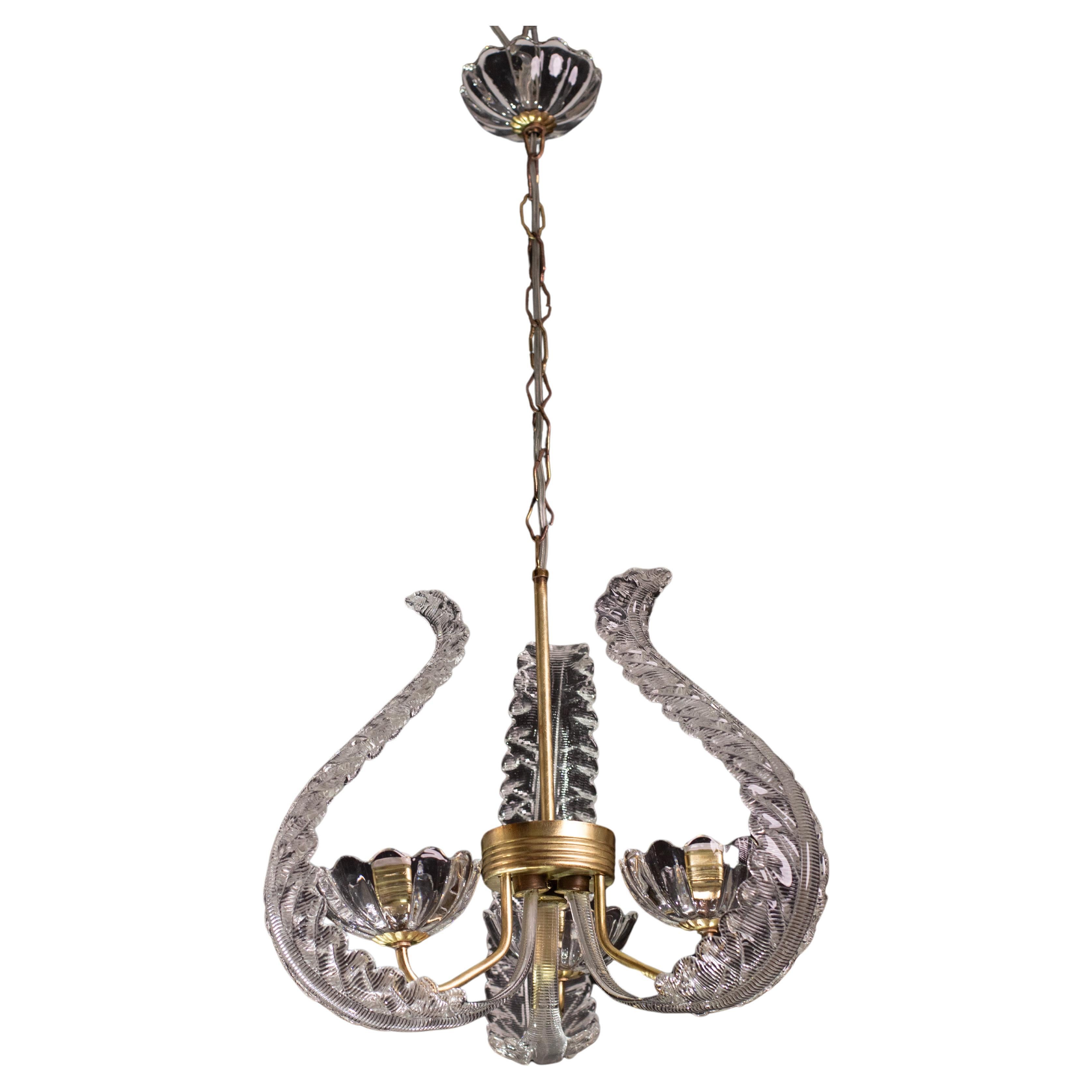 Ercole Barovier, Art Decò, Three lights pendant, 1940s For Sale