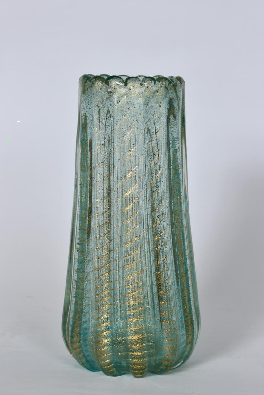 Mid-Century Modern Ercole Barovier Cordonato D'Oro vase de Murano vert de mer avec inclusions d'or en vente