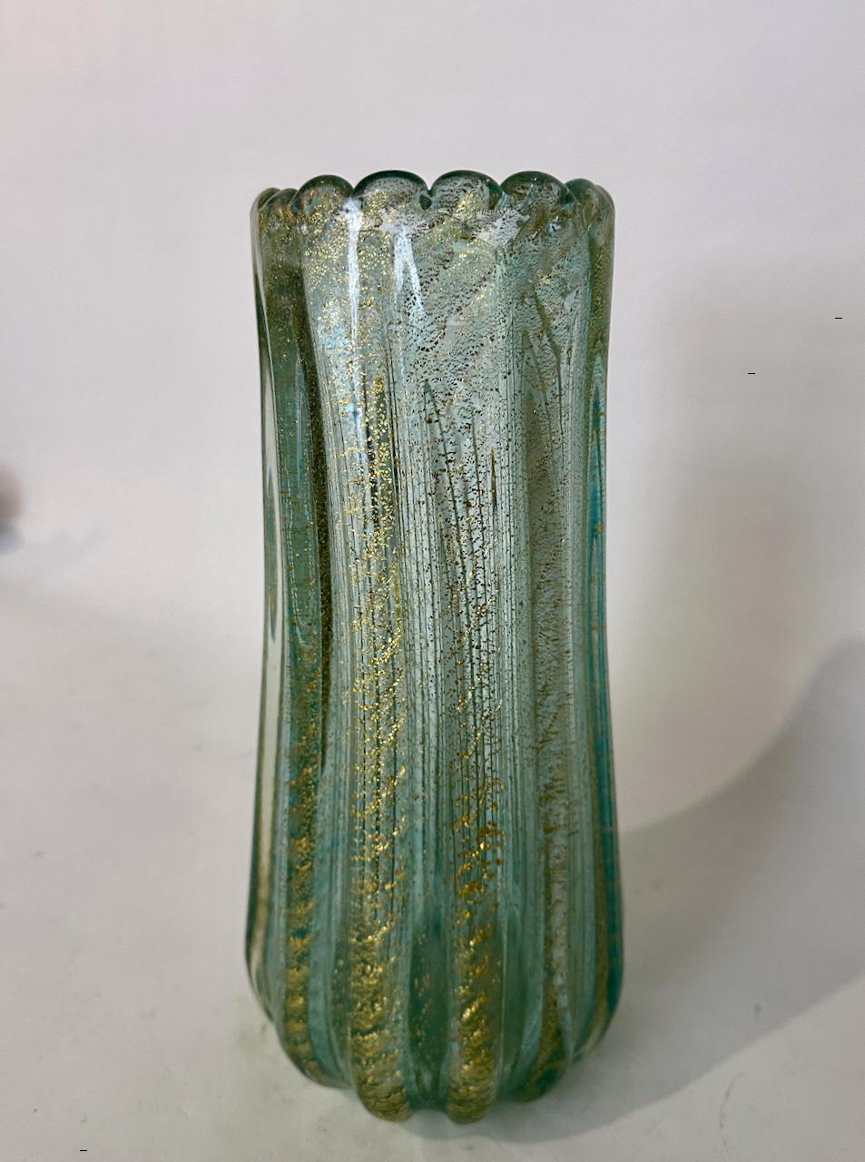 Mid-20th Century Ercole Barovier Cordonato D'Oro Sea Green Murano Vase with Gold Inclusions