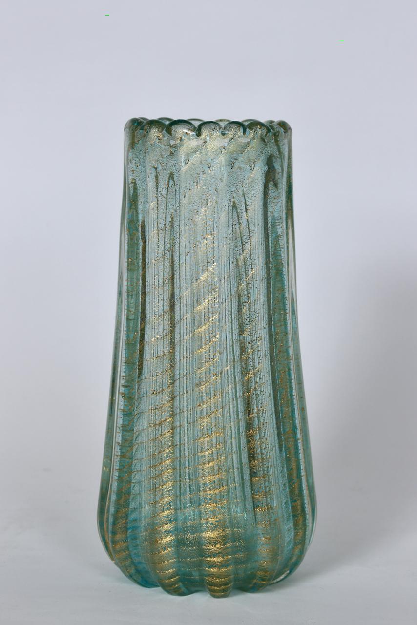 Murano Glass Ercole Barovier Cordonato D'Oro Sea Green Murano Vase with Gold Inclusions