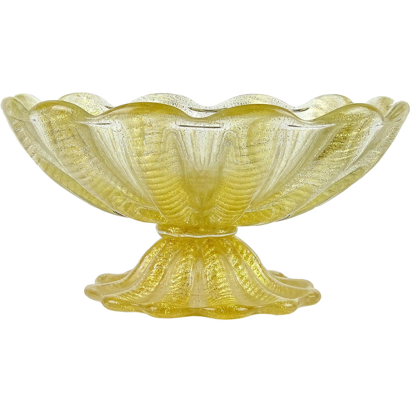 Hand-Crafted Ercole Barovier e Toso Murano Gold Flecks Italian Art Glass Footed Compote Bowl