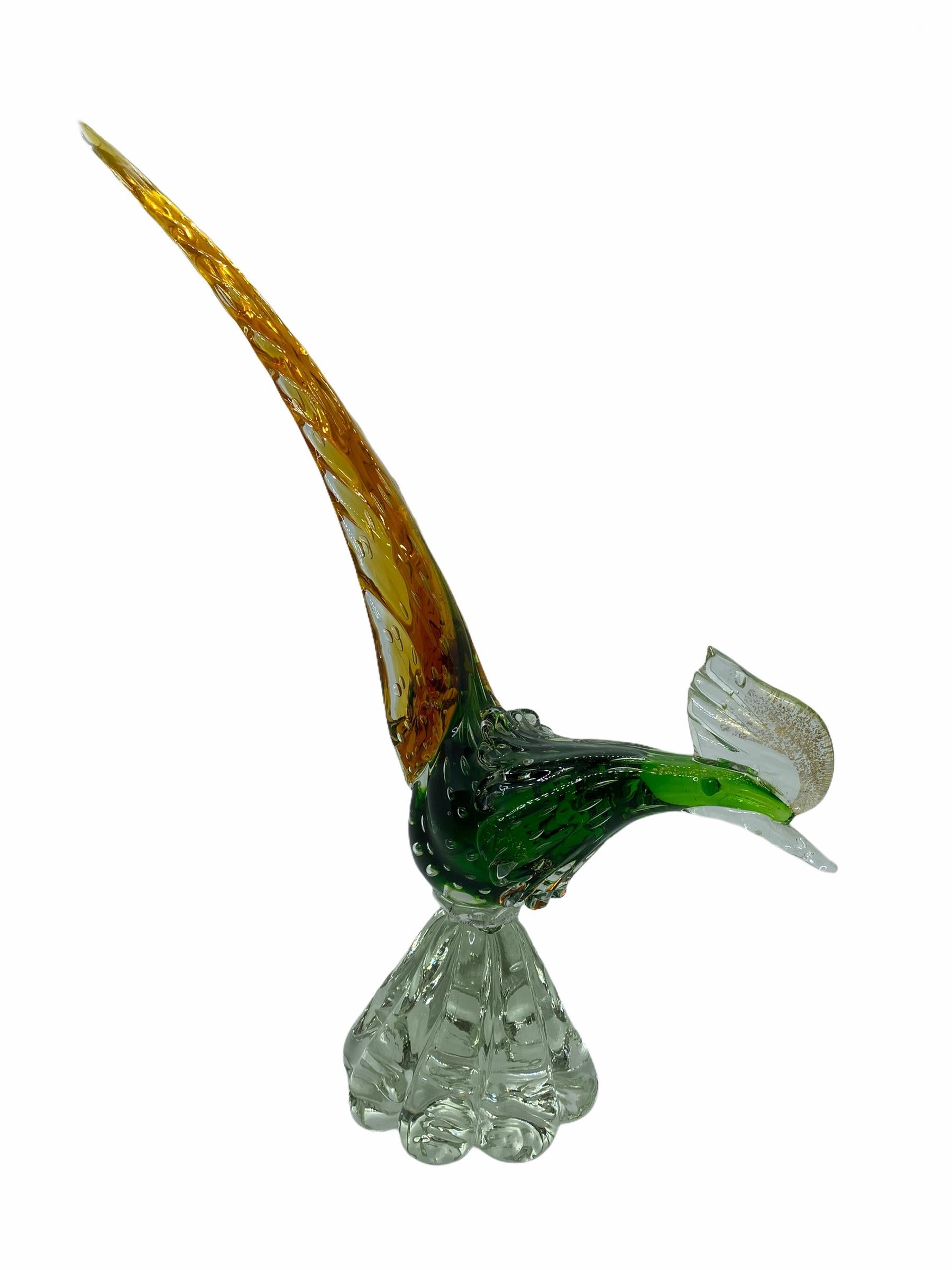 Mid-Century Modern Ercole Barovier Green Gold Flecks Italian Art Glass Bird Sculpture, Italy, 1950s