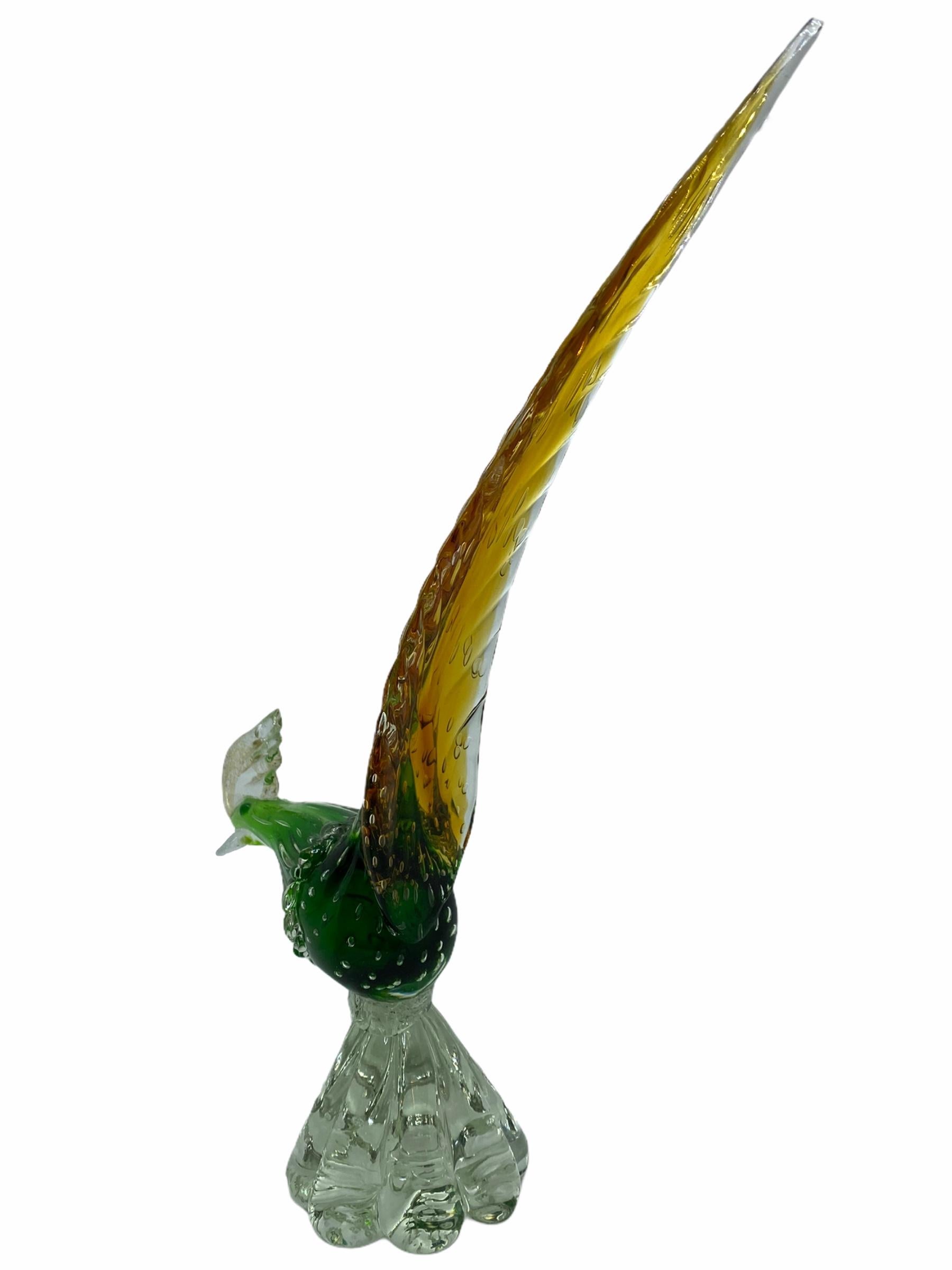 Ercole Barovier Green Gold Flecks Italian Art Glass Bird Sculpture, Italy, 1950s In Good Condition In Nuernberg, DE