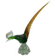 Ercole Barovier Green Gold Flecks Italian Art Glass Bird Sculpture, Italy, 1950s