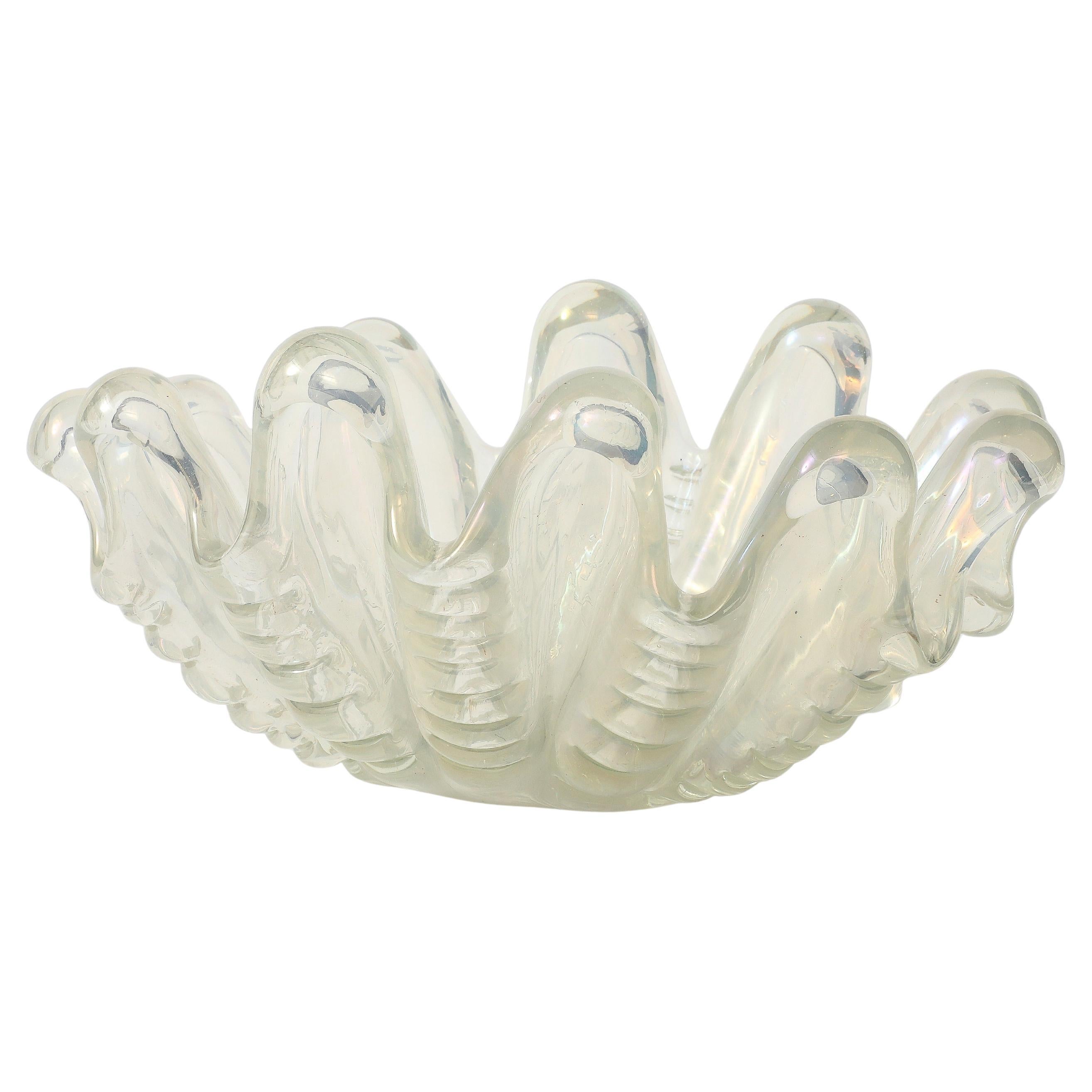 Ercole Barovier Large Iridescent Grosse Costolature Clam Shell Glass Bowl, 1940s