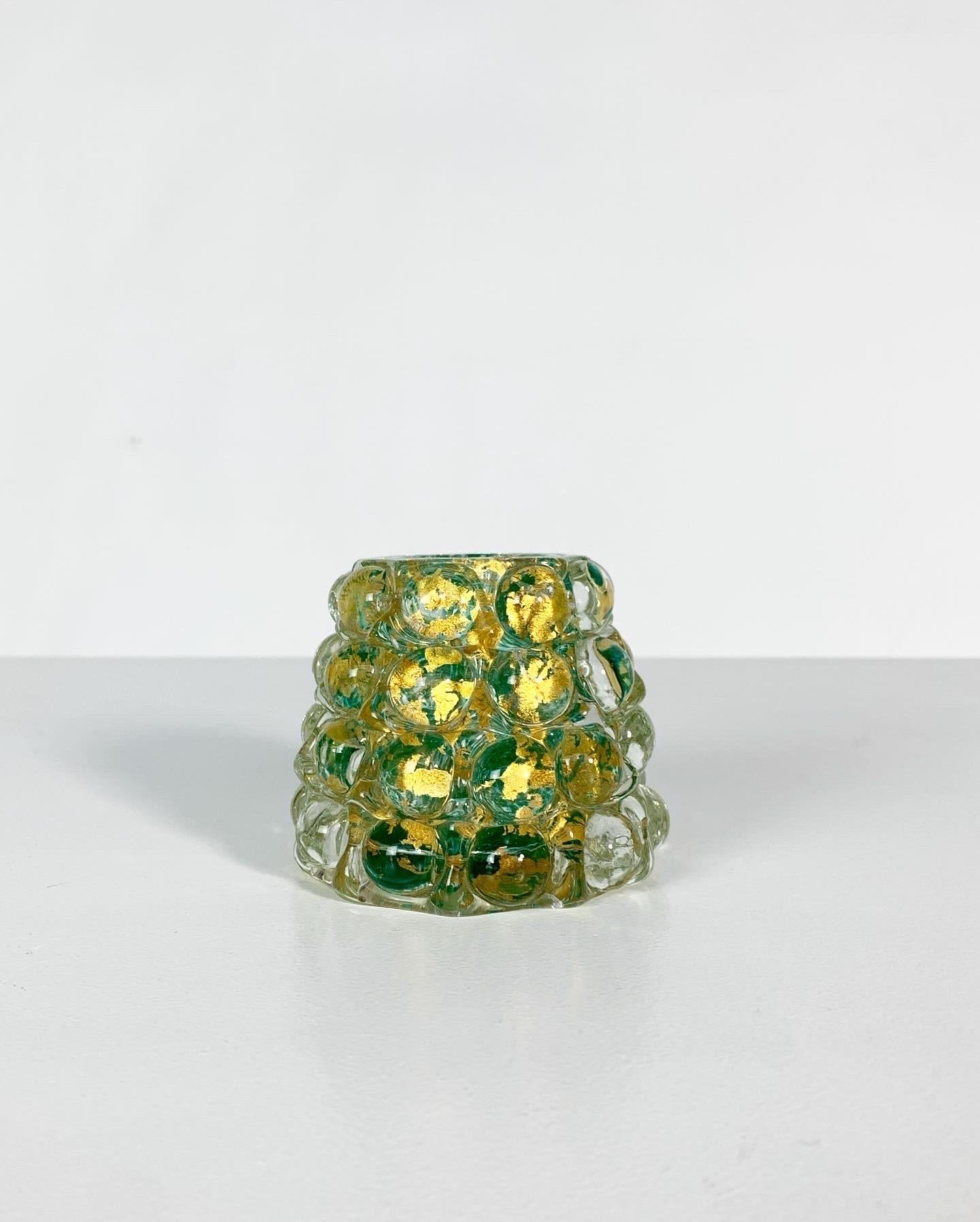 Unique and rare miniature ‚Lenti‘ vase by Ercole Barovier for Barovier & Toso, 1940s. 
Thick glass with a layer of green and gold inclusions. 

The series consisted of various shapes and colors, it‘s one of the most sought-after models by