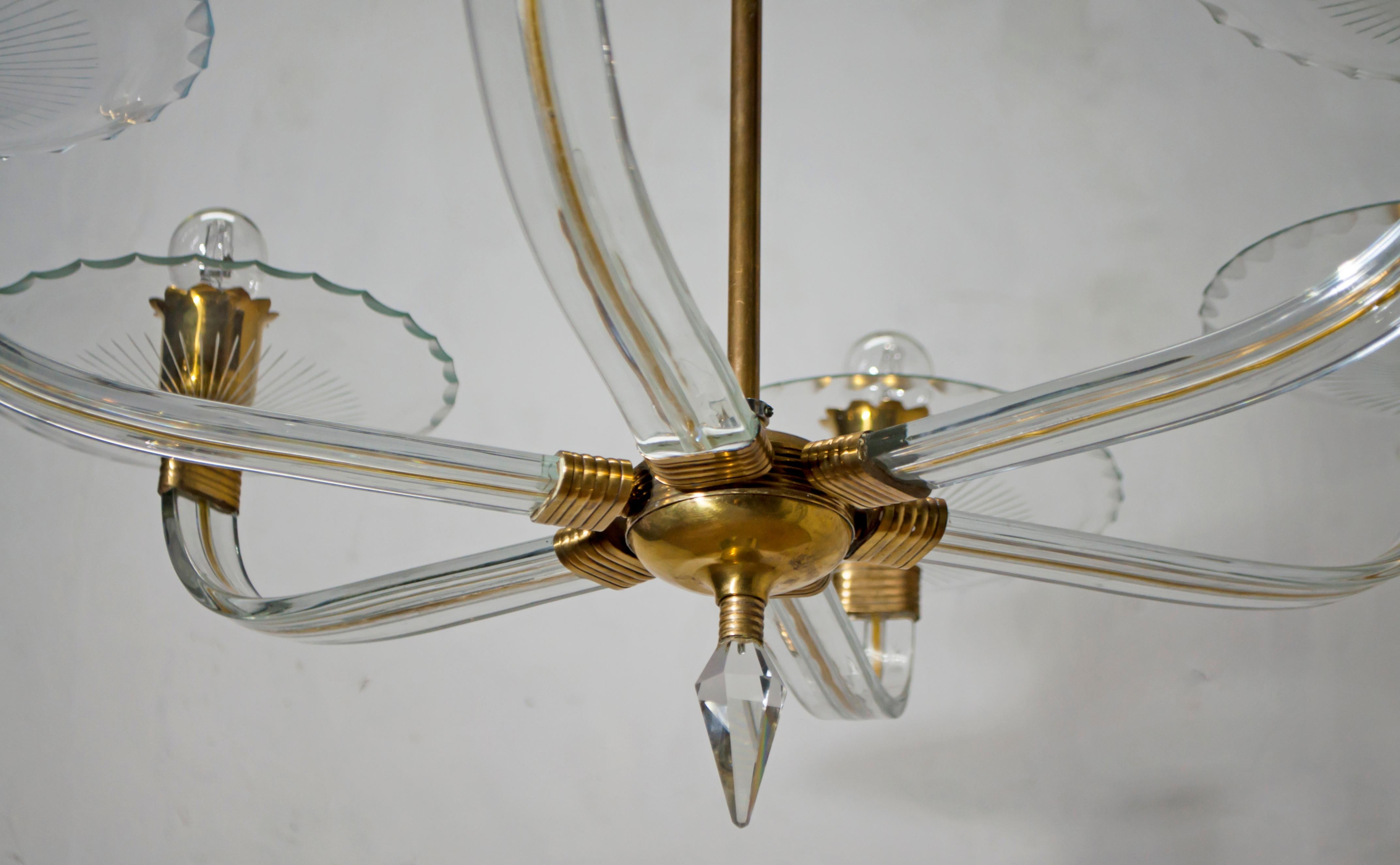 Midcentury Brass and Murano Glass Italian Chandelier, 1940s In Good Condition In Puglia, Puglia