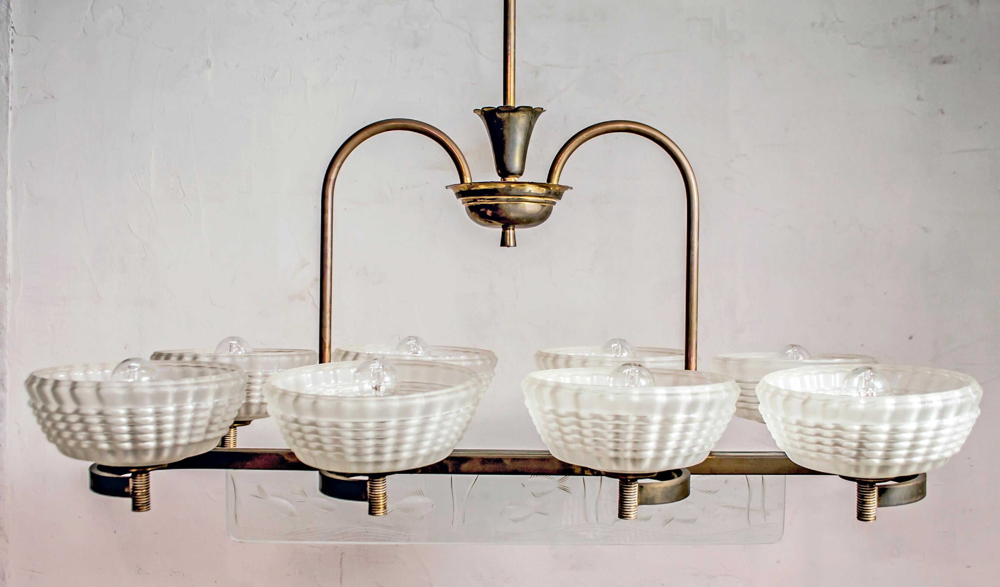 Barovier e Toso Mid-Century Modern Brass and Murano Glass Chandelier, 1940s 1