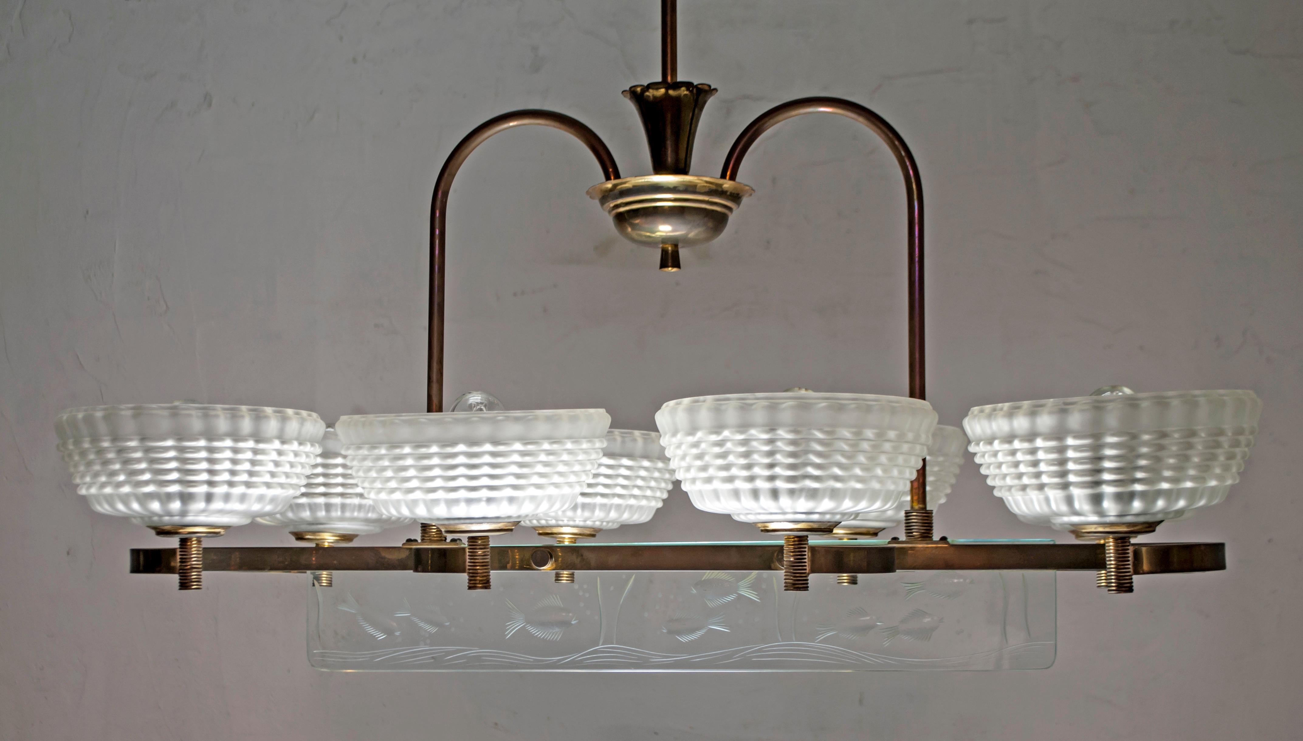 Barovier e Toso Mid-Century Modern Brass and Murano Glass Chandelier, 1940s 3