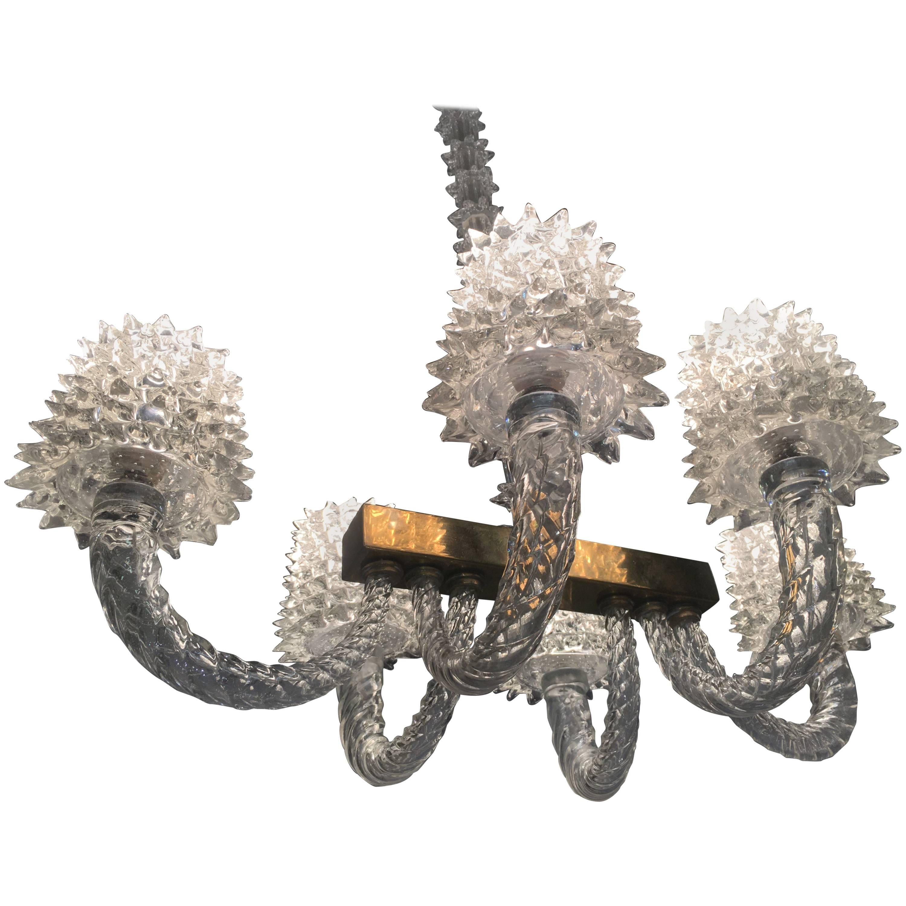 A very elegant Italian chandelier by Ercole Barovier hand blown Murano glass construction using the Rostrato technique presented at The Biennale di Venezia in 1938.