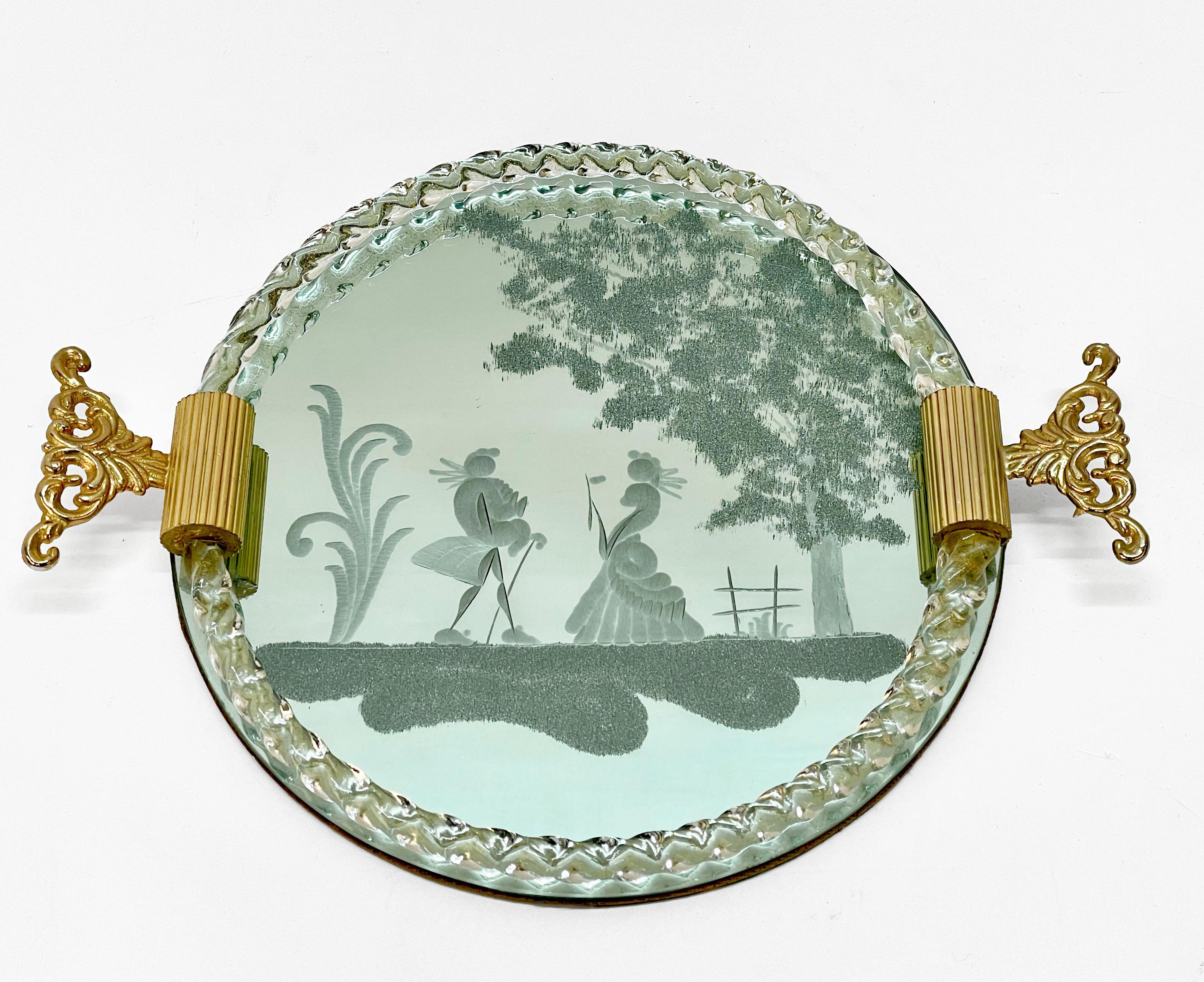 Specchio Vassoio da portata italiano in vetro di Murano inciso a specchio di Ercole Barovier, anni '1940 in vendita