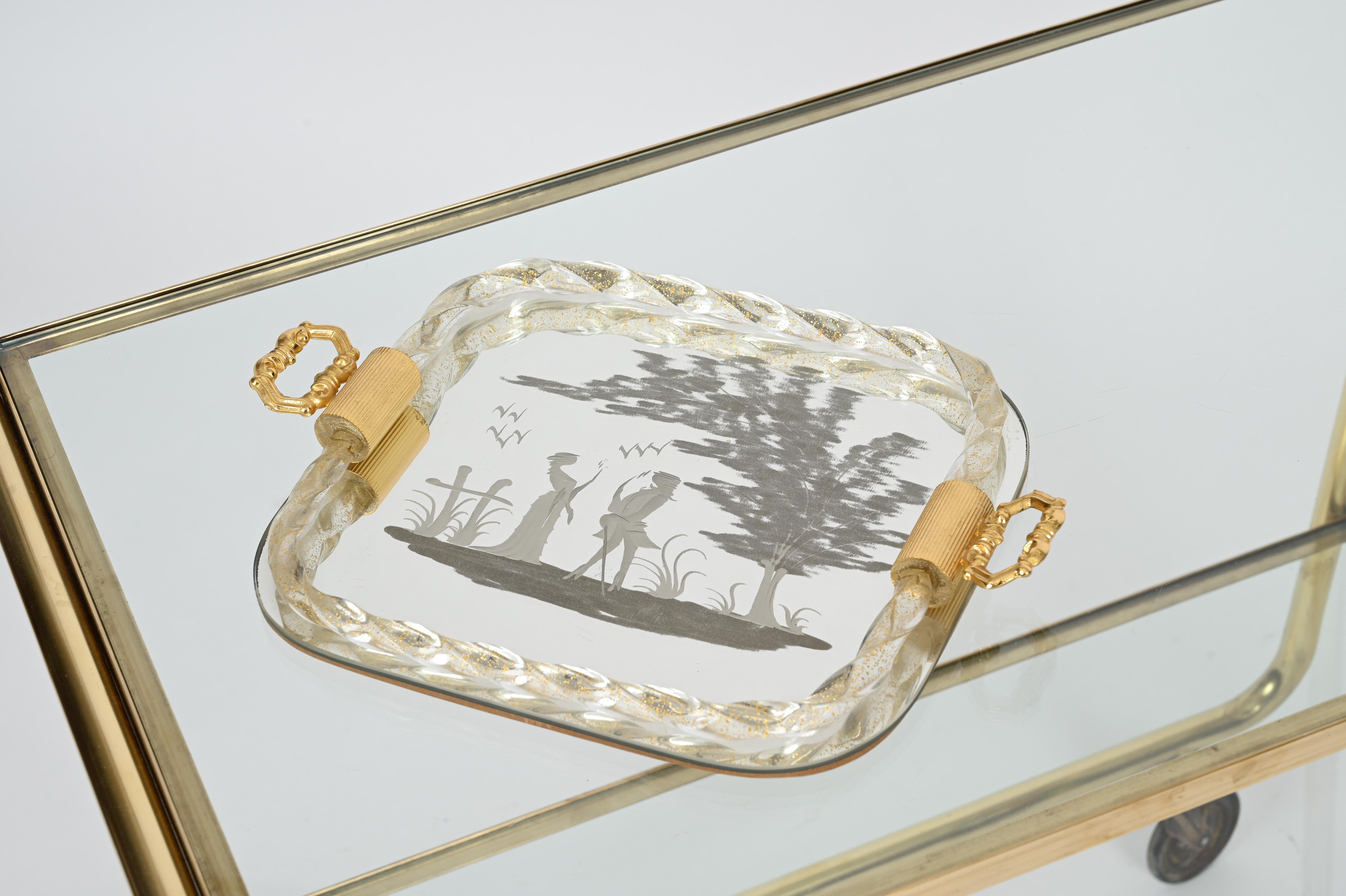 Mid-Century Modern Ercole Barovier Mirror-Engraved Murano Glass Italian Serving Tray, 1940s For Sale