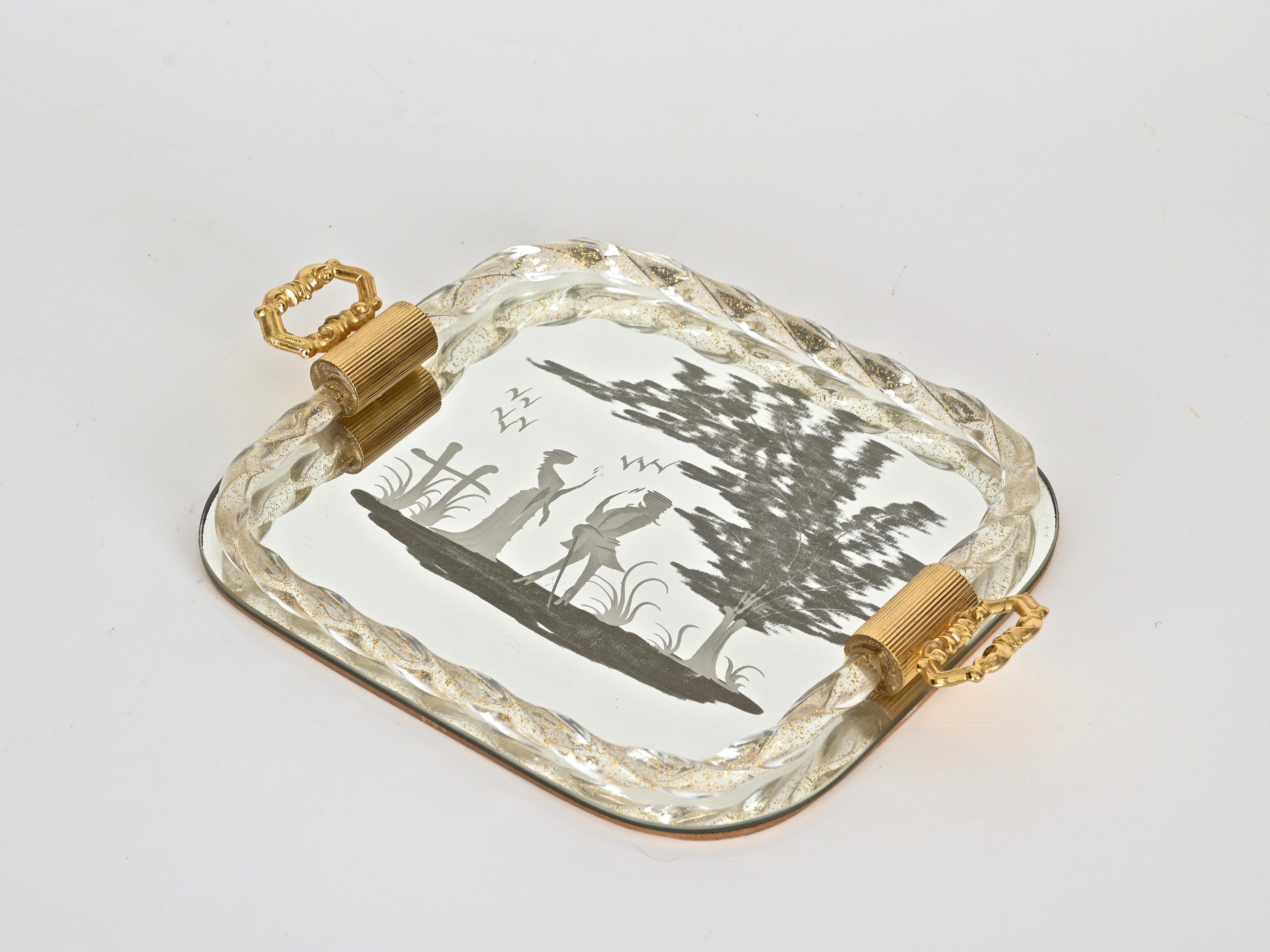 Gold Plate Ercole Barovier Mirror-Engraved Murano Glass Italian Serving Tray, 1940s For Sale