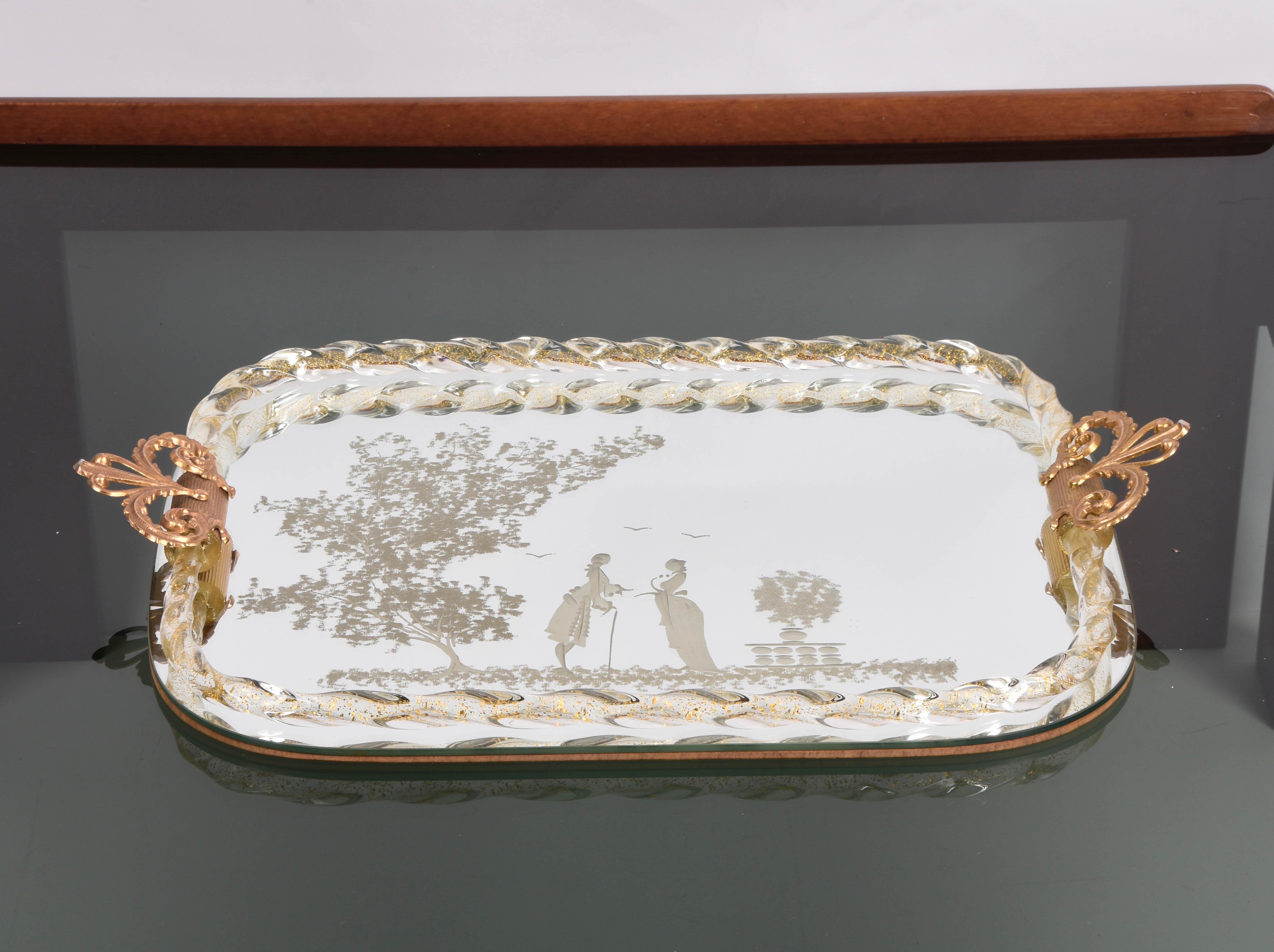 Ercole Barovier Mirror-Engraved Murano Glass Italian Serving Tray, 1940s In Good Condition In Roma, IT