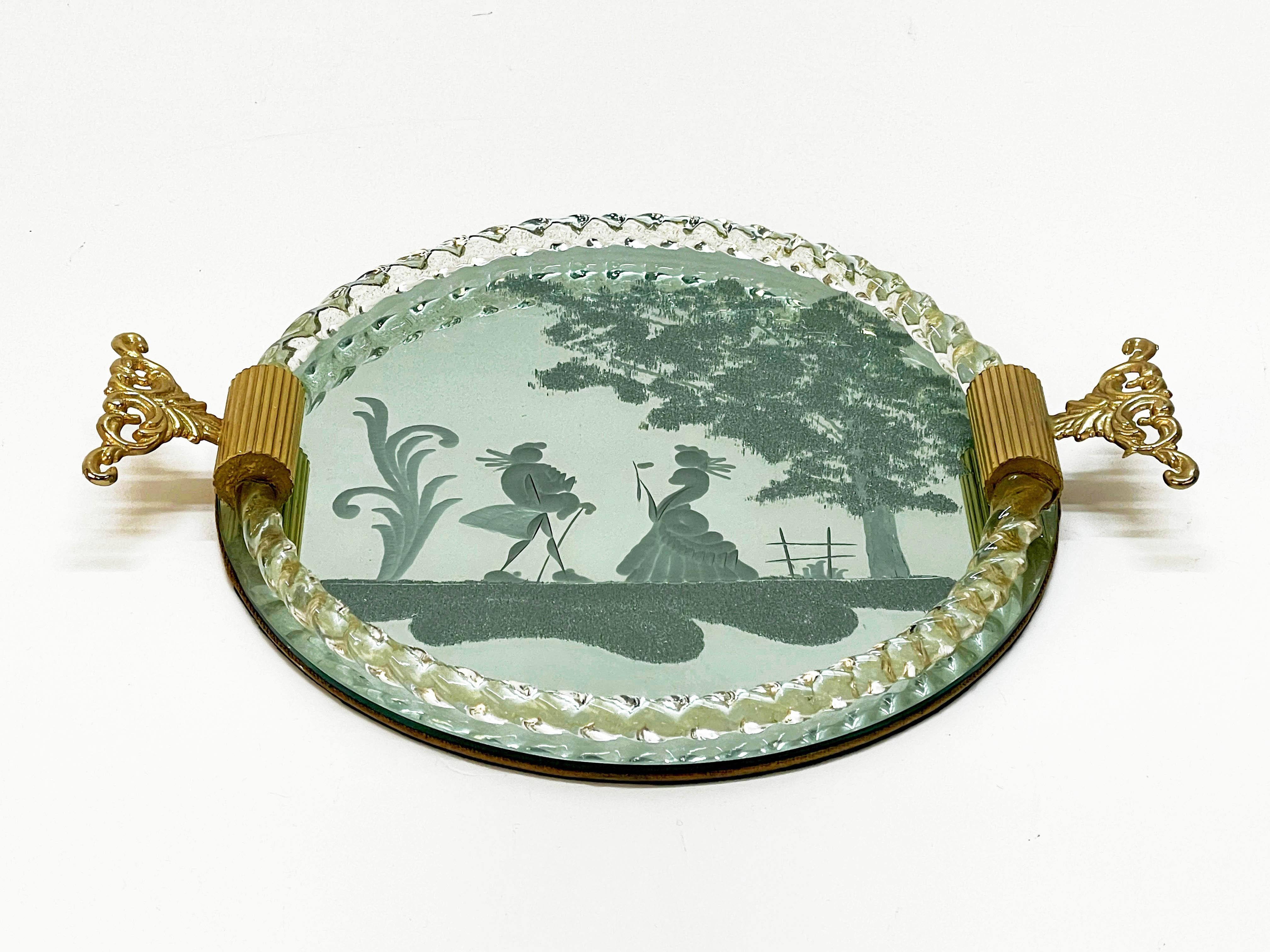 Gilt Ercole Barovier Mirror-Engraved Murano Glass Italian Serving Tray, 1940s For Sale