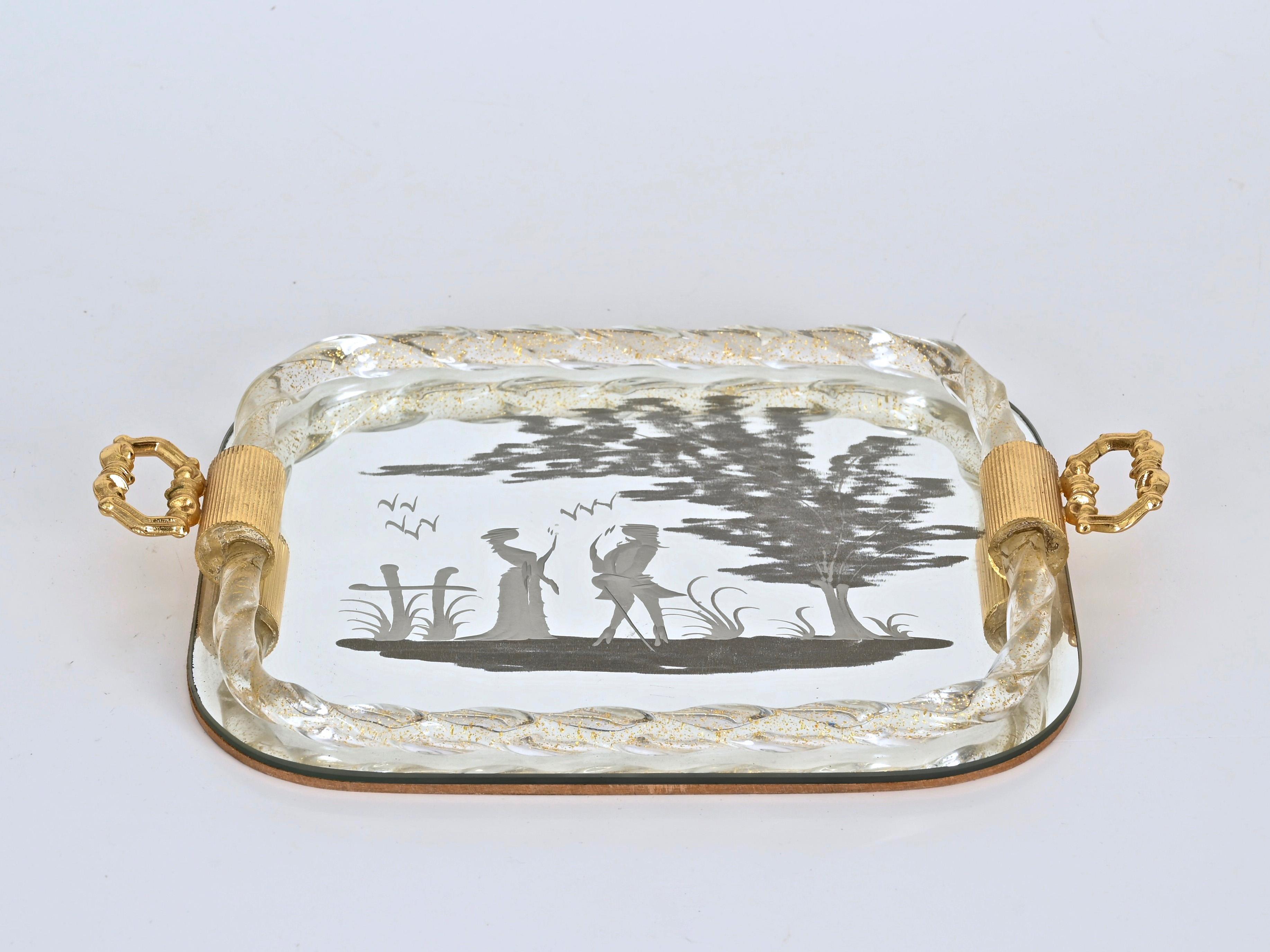 Ercole Barovier Mirror-Engraved Murano Glass Italian Serving Tray, 1940s For Sale 1